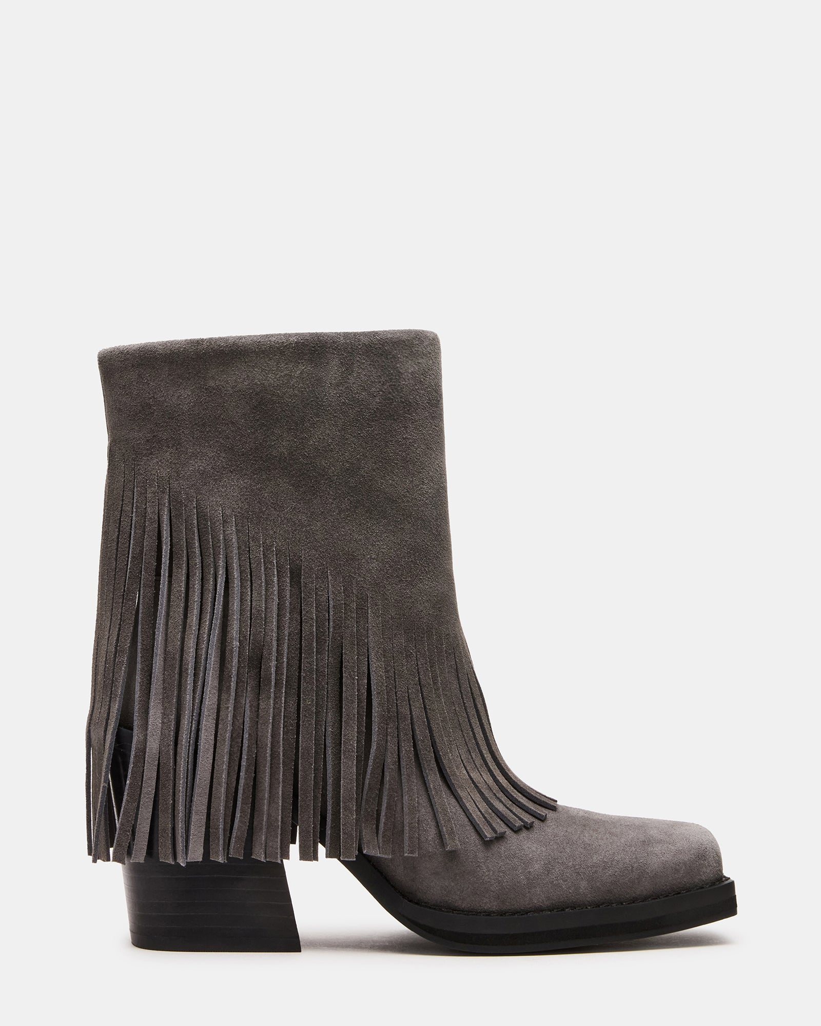 Grey suede booties with fold-over fringe design, side view