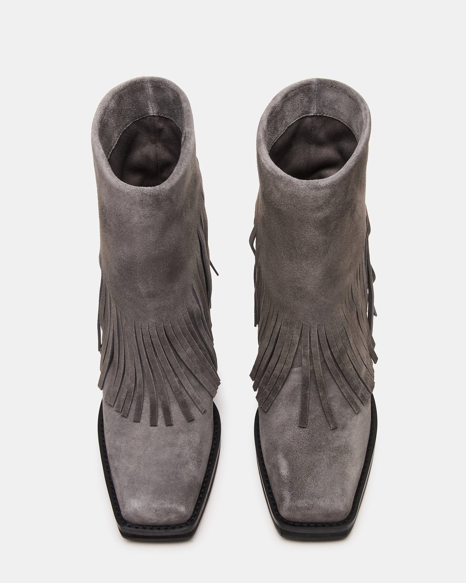 Grey suede booties with fold-over fringe design, side view