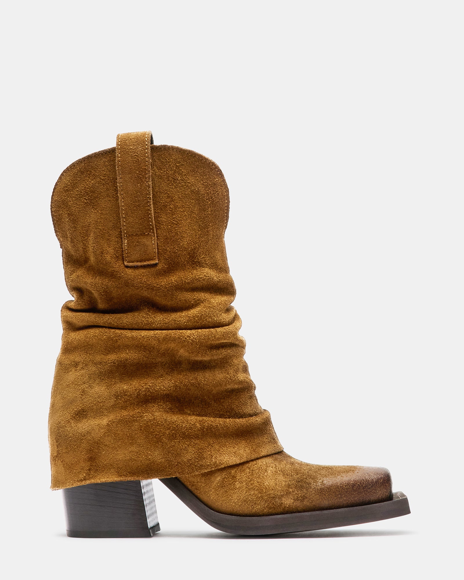 Close-up of the PIA brown suede cowboy boots showcasing the chunky heel.