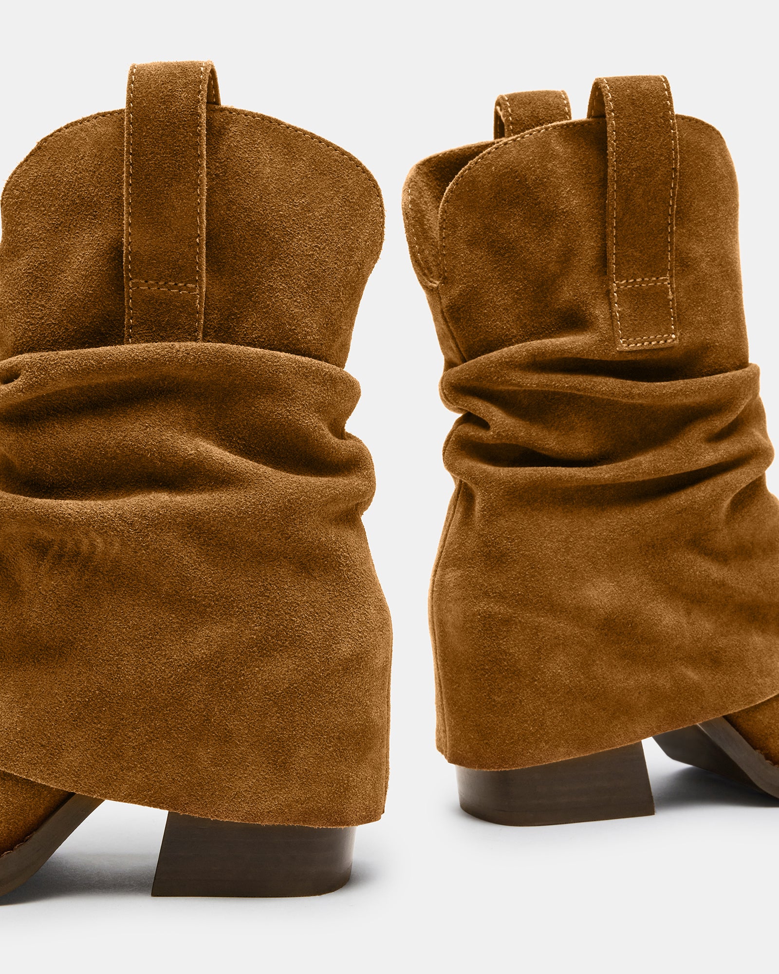 Close-up of the PIA brown suede cowboy boots showcasing the chunky heel.