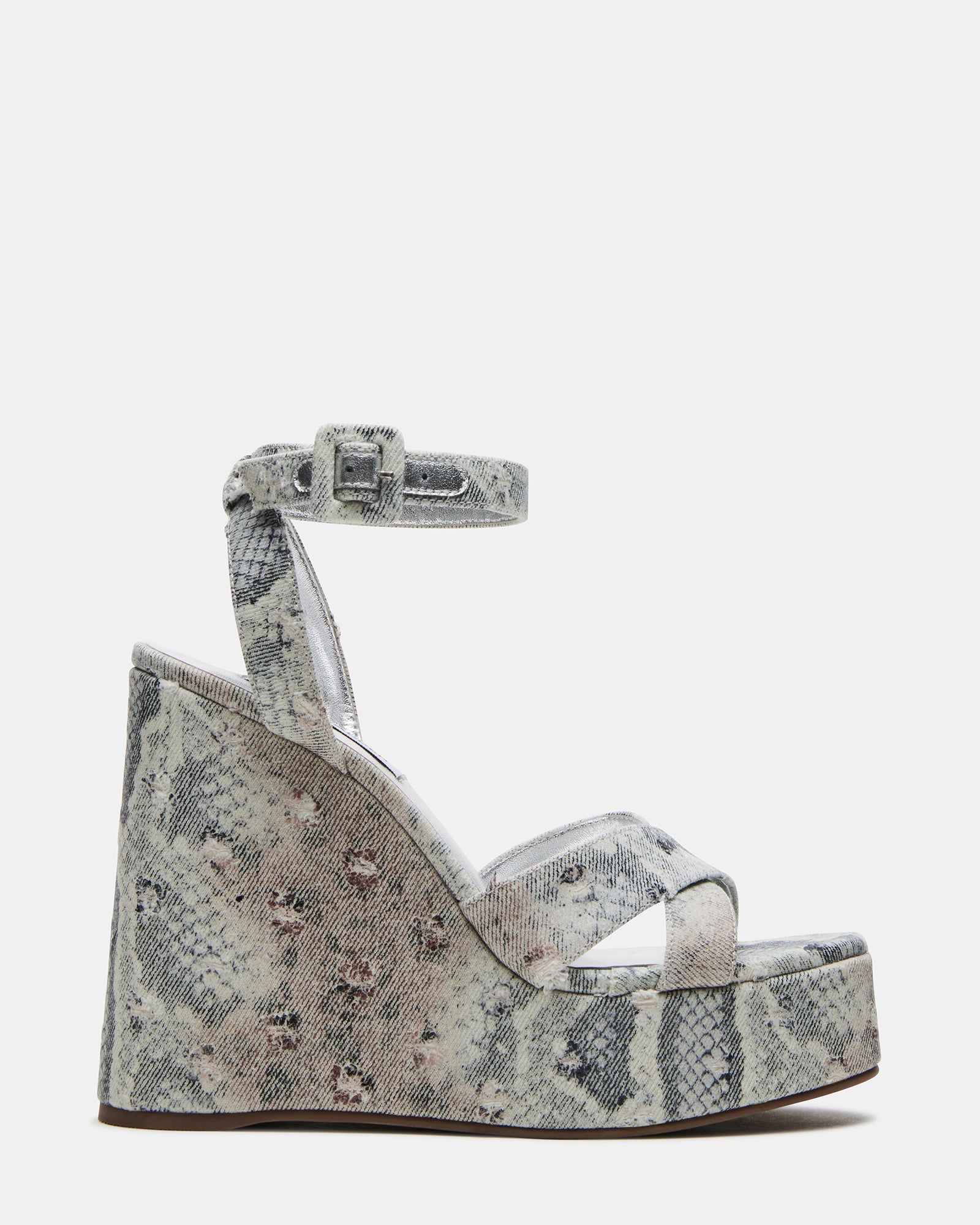 Side view of Pinnacle Multi Snake platform wedge sandals showing the snake pattern and heel height