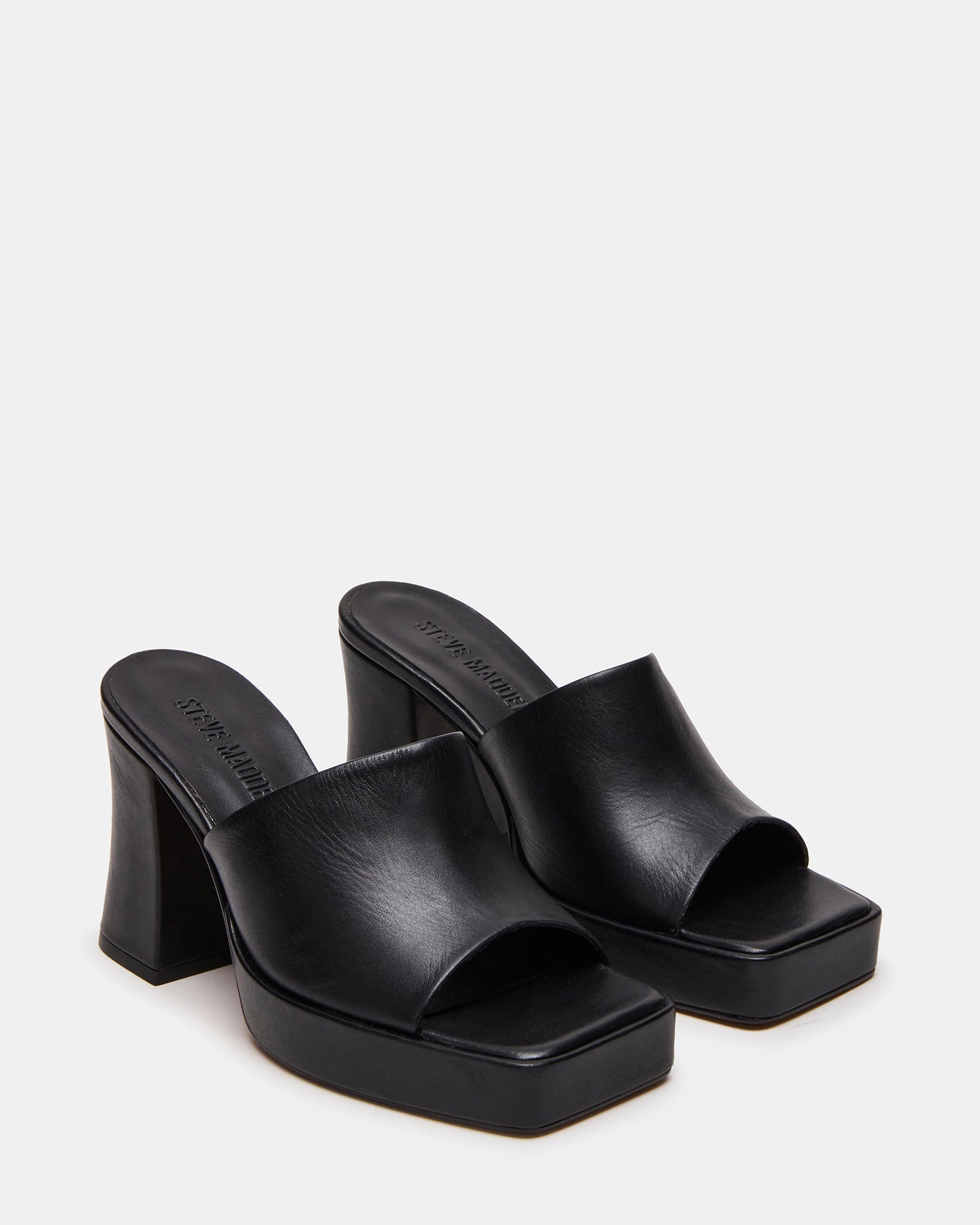 Side view of PIPPA mule showing the 3.75-inch heel and open-toe design