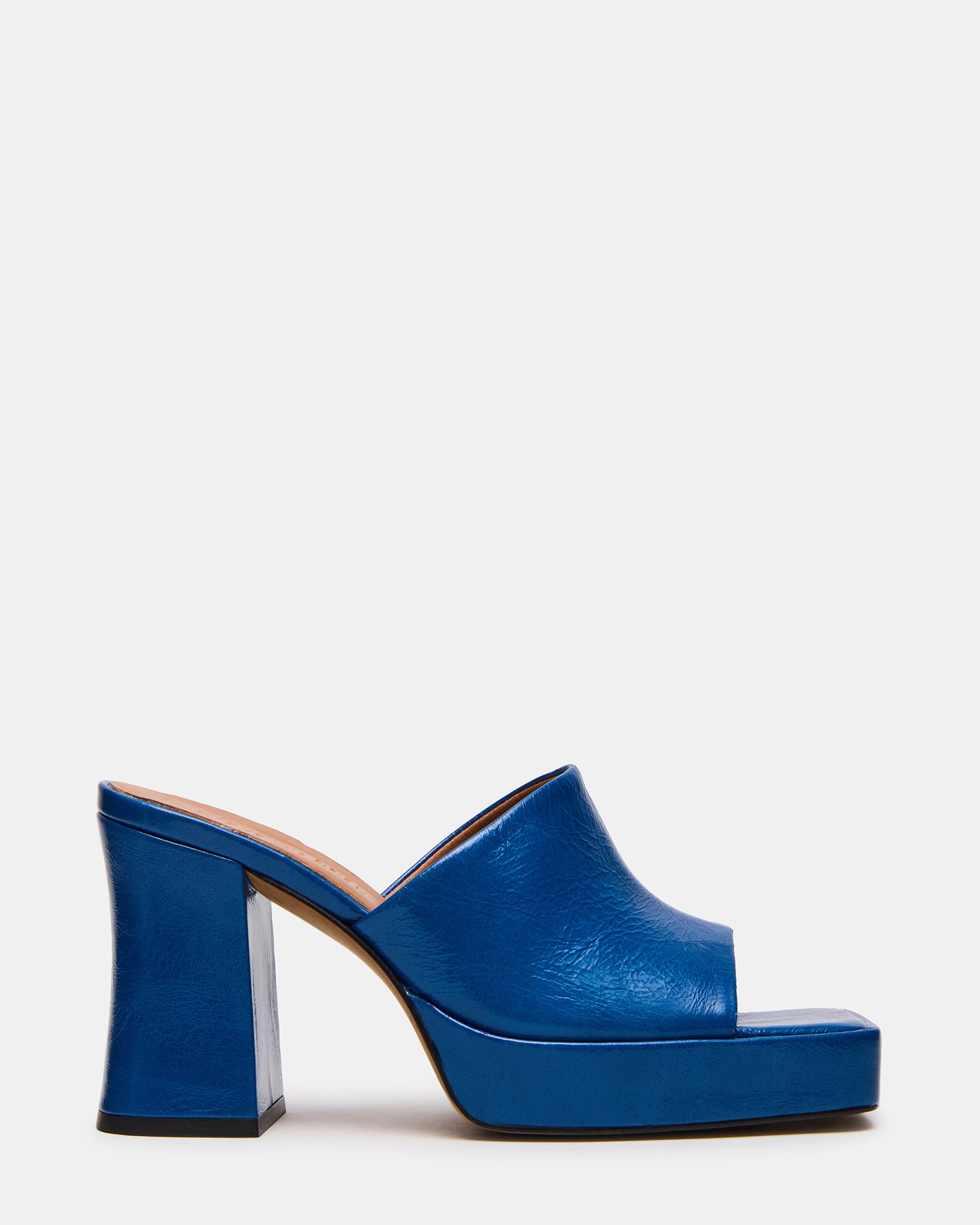 Front view of PIPPA Blue Patent square toe mule heels showing the sleek design