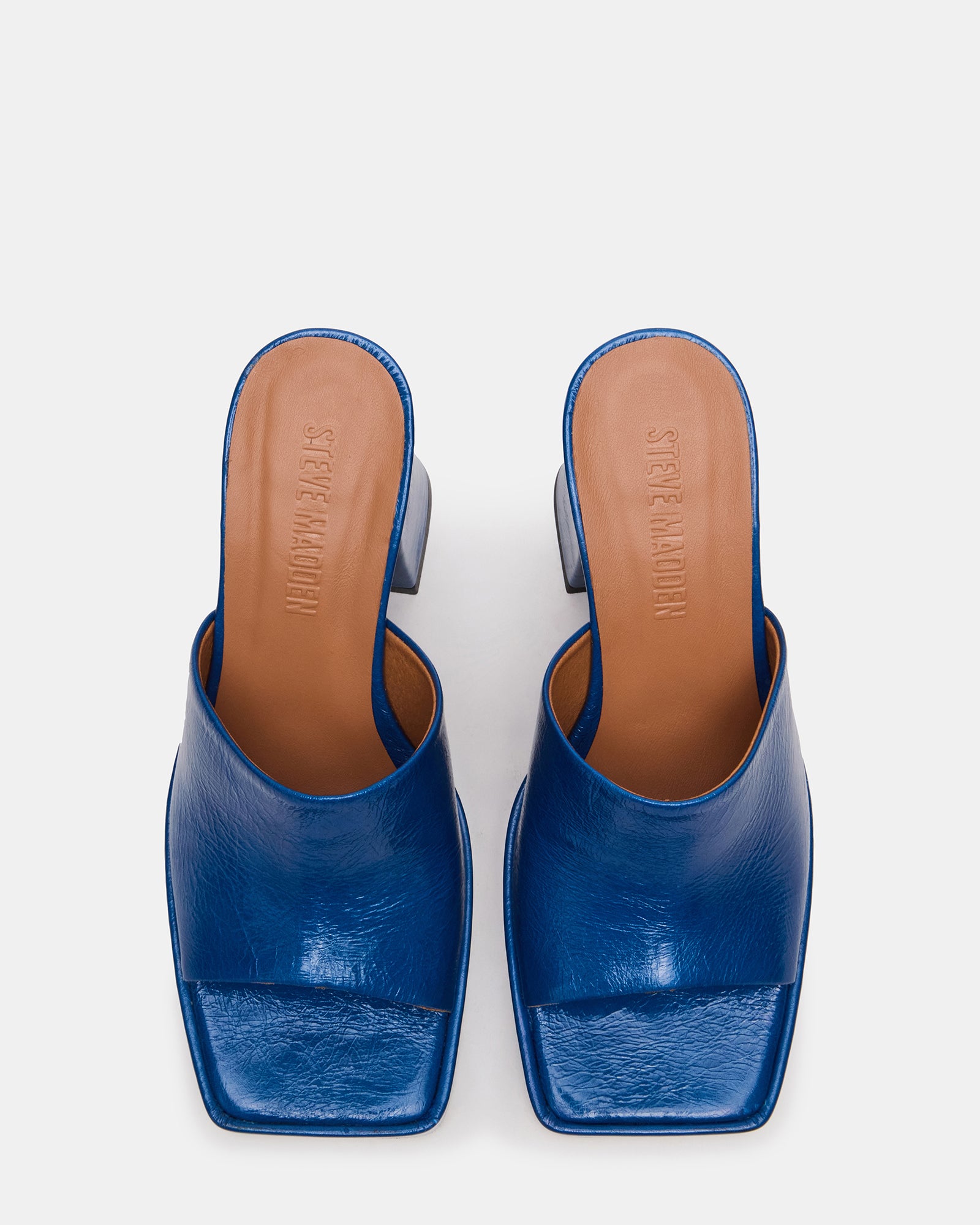 Front view of PIPPA Blue Patent square toe mule heels showing the sleek design
