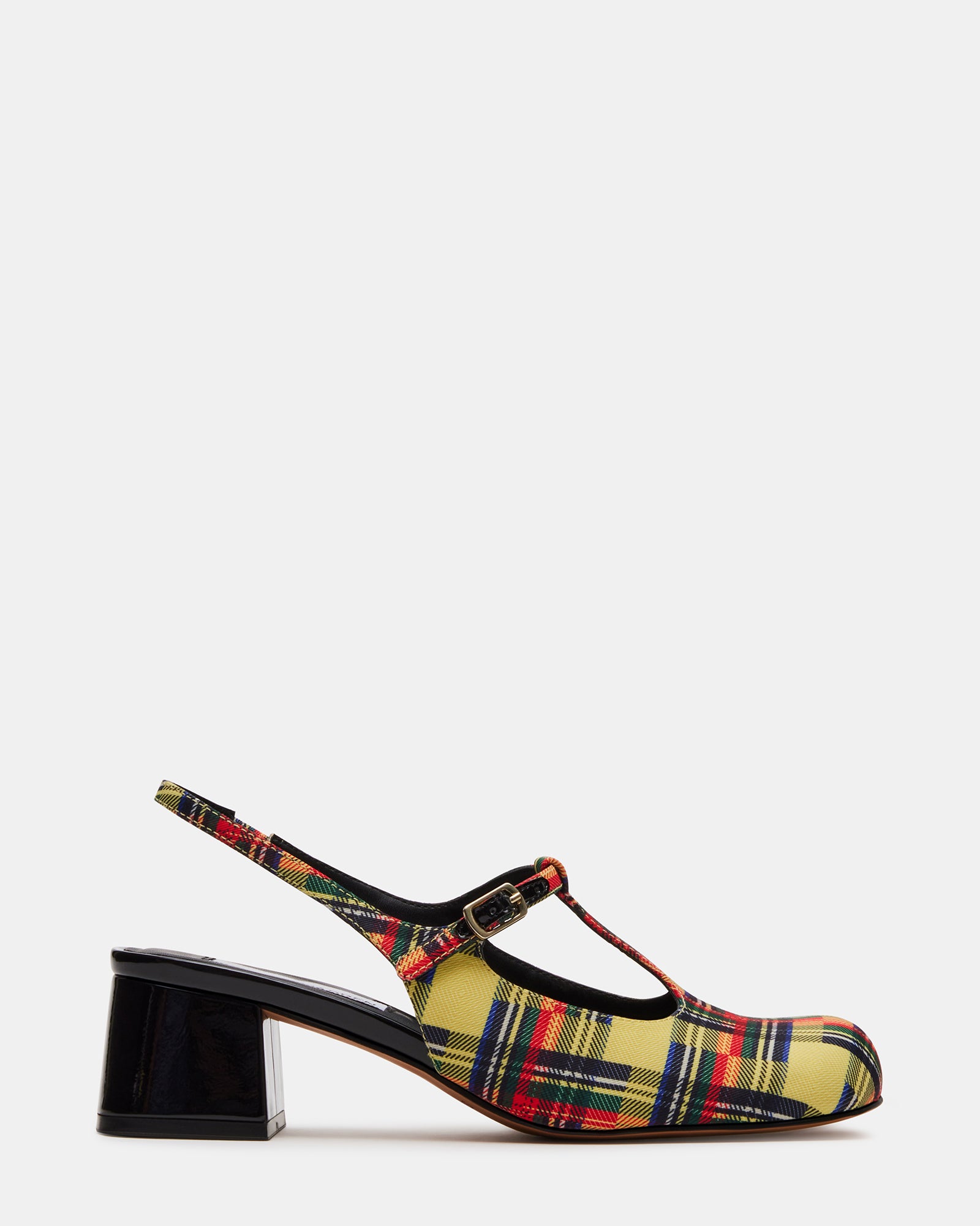 Side view of POSH Mary Jane heels with block heel and t-strap design