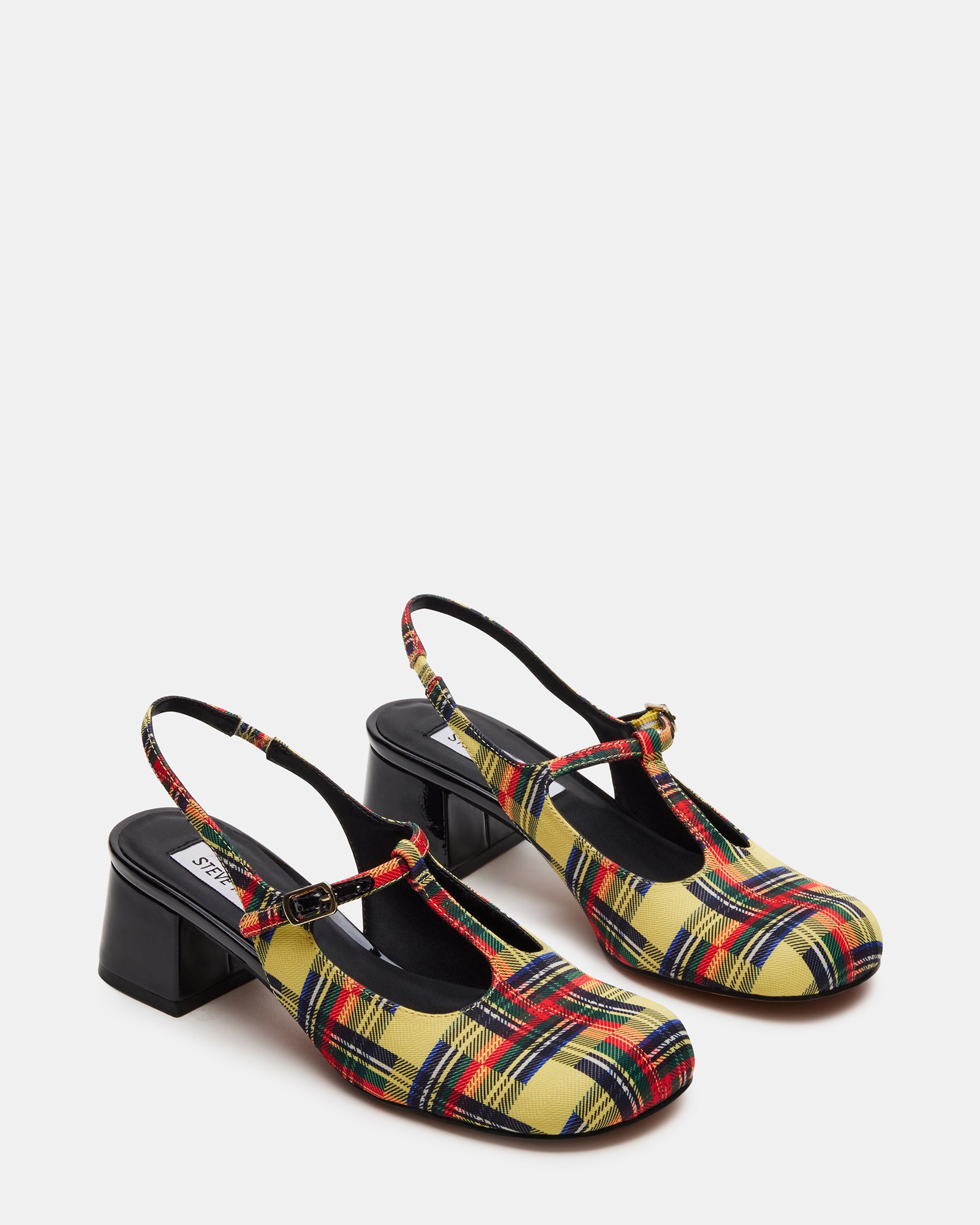Fashionable yellow multi Mary Jane shoes with square toe detail