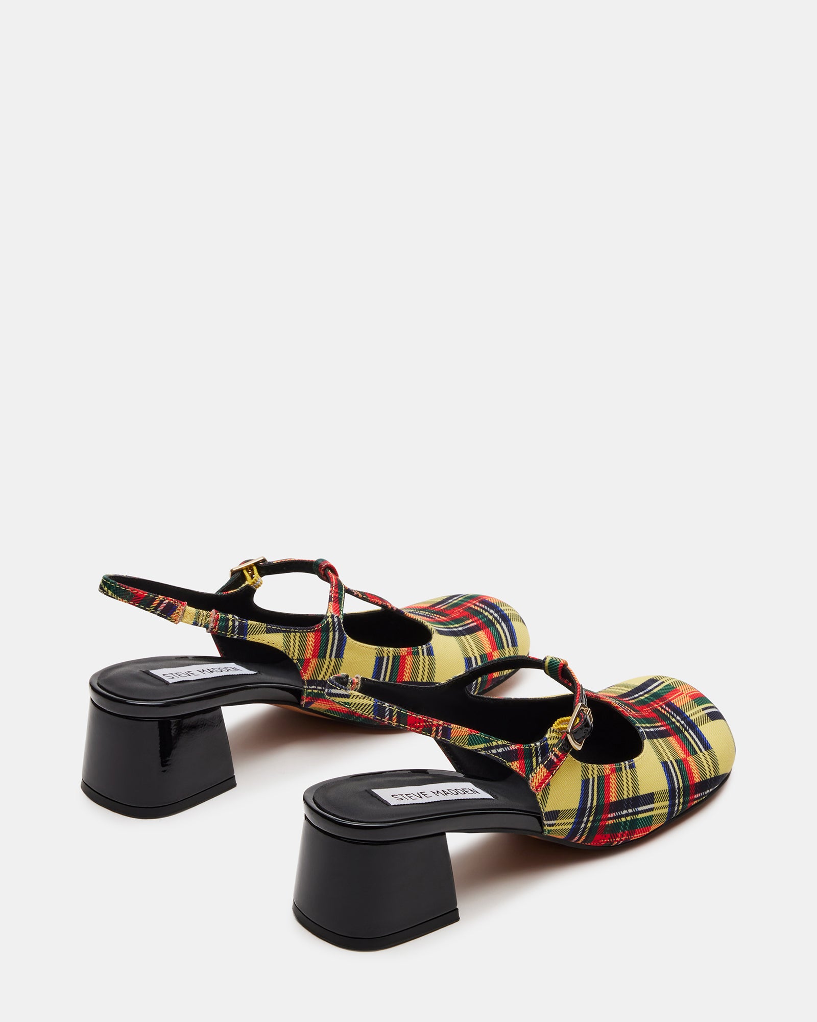 Fashionable yellow multi Mary Jane shoes with square toe detail