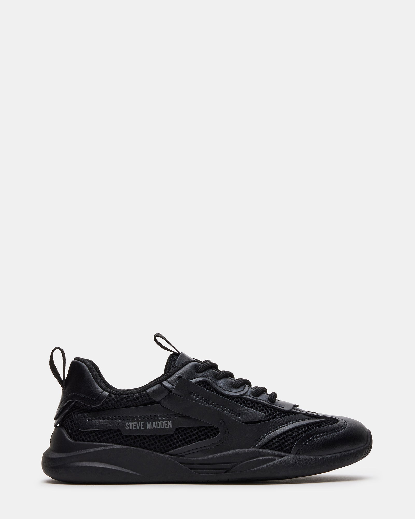 Pounce Black Sneakers front view, showcasing the sleek lace-up design