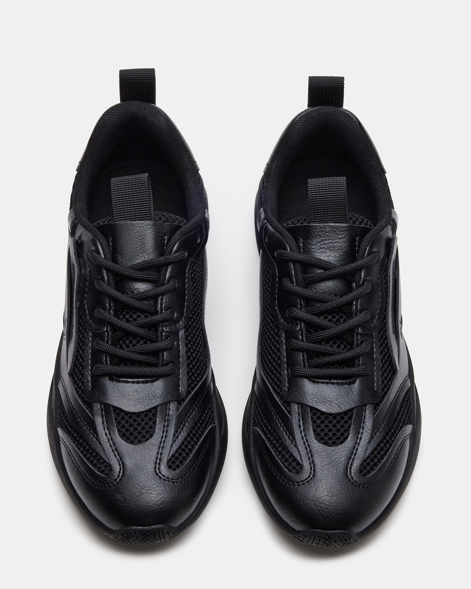Pounce Black Sneakers front view, showcasing the sleek lace-up design