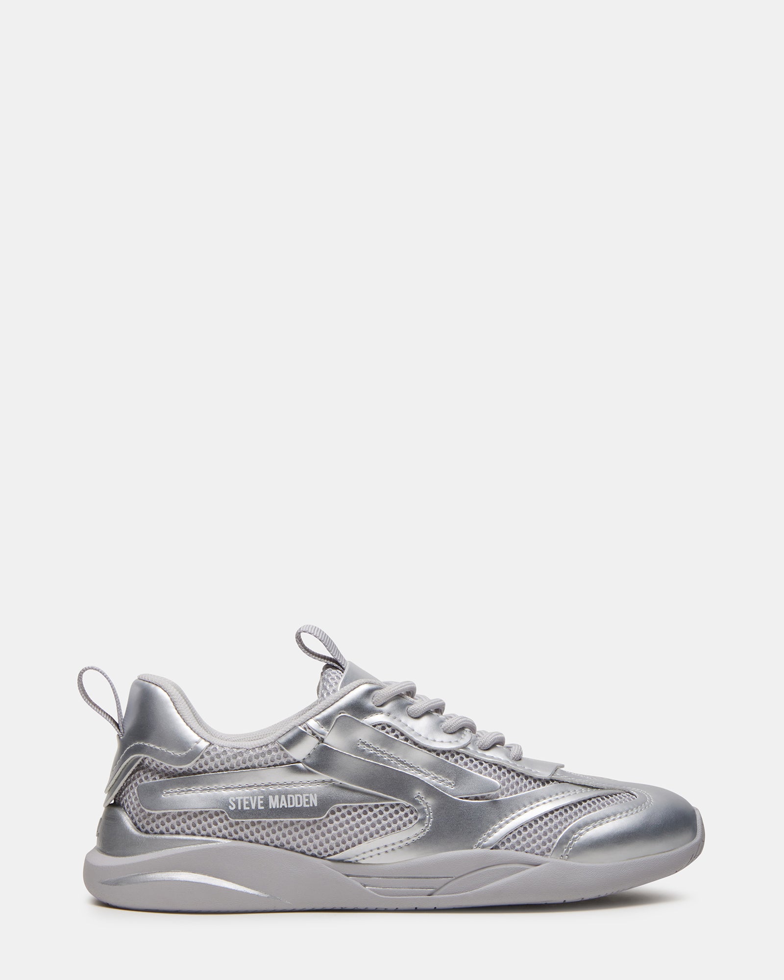 Side view of Pounce Silver low-top sneakers showcasing stylish design and white finish