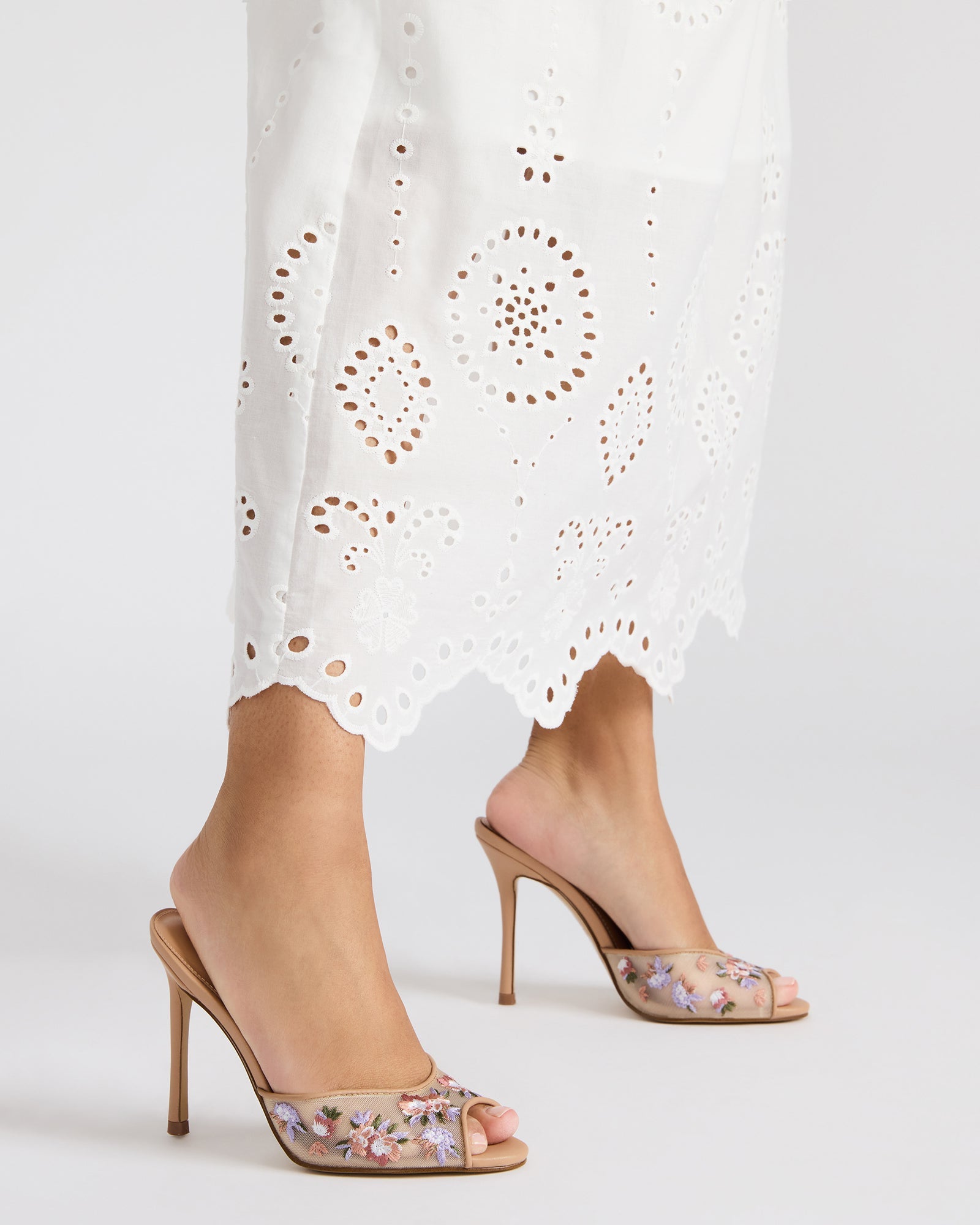 Close-up of stiletto sandals highlighting peep toe design