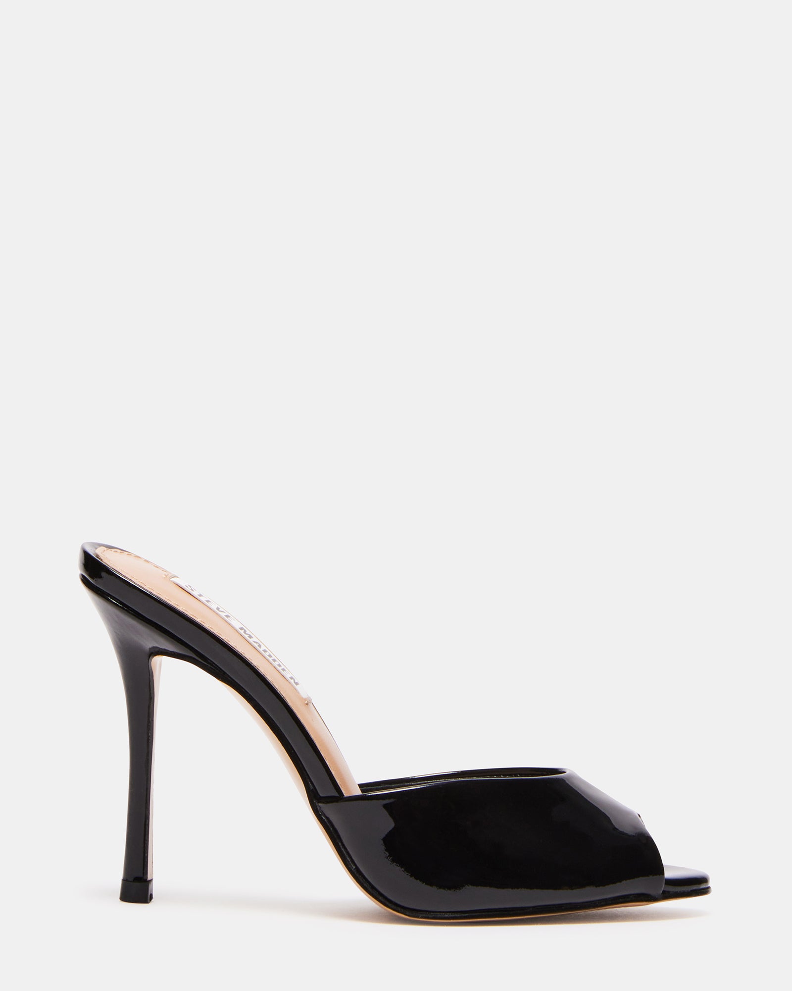 Close-up of Priya black patent leather stiletto sandals highlighting the peep toe design.