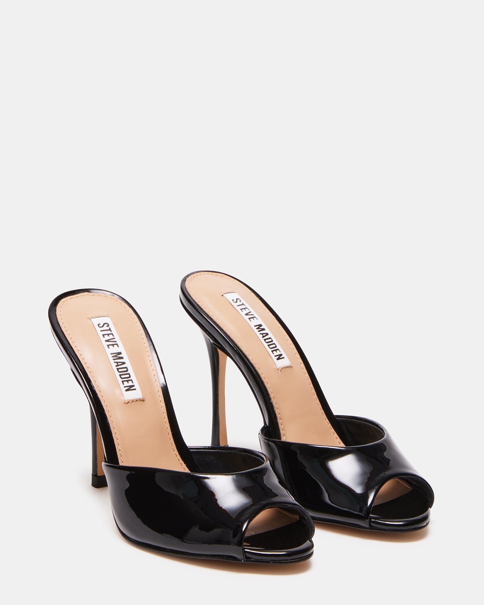 Side view of Priya black patent leather stiletto sandals showcasing the slim heel.