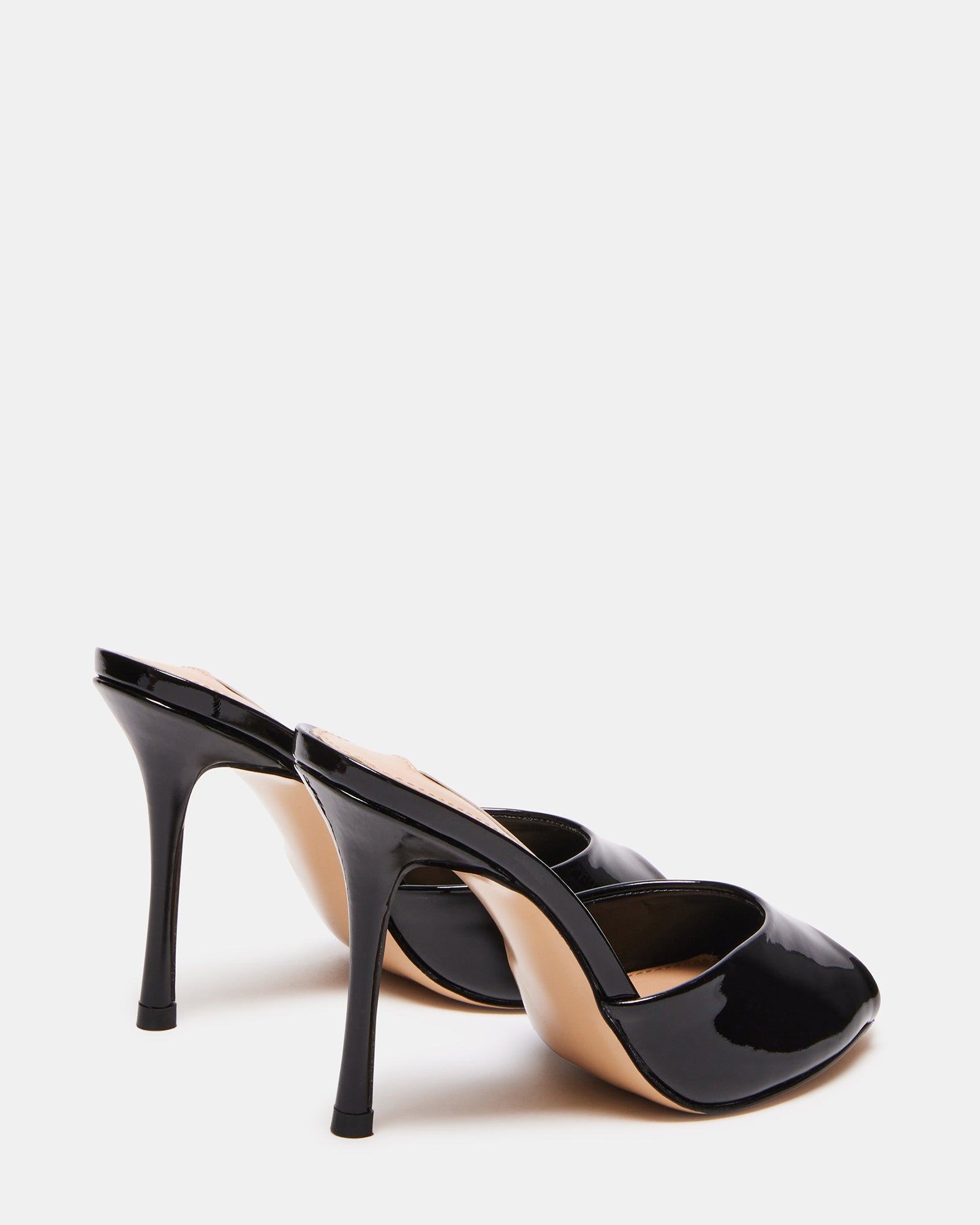 Side view of Priya black patent leather stiletto sandals showcasing the slim heel.