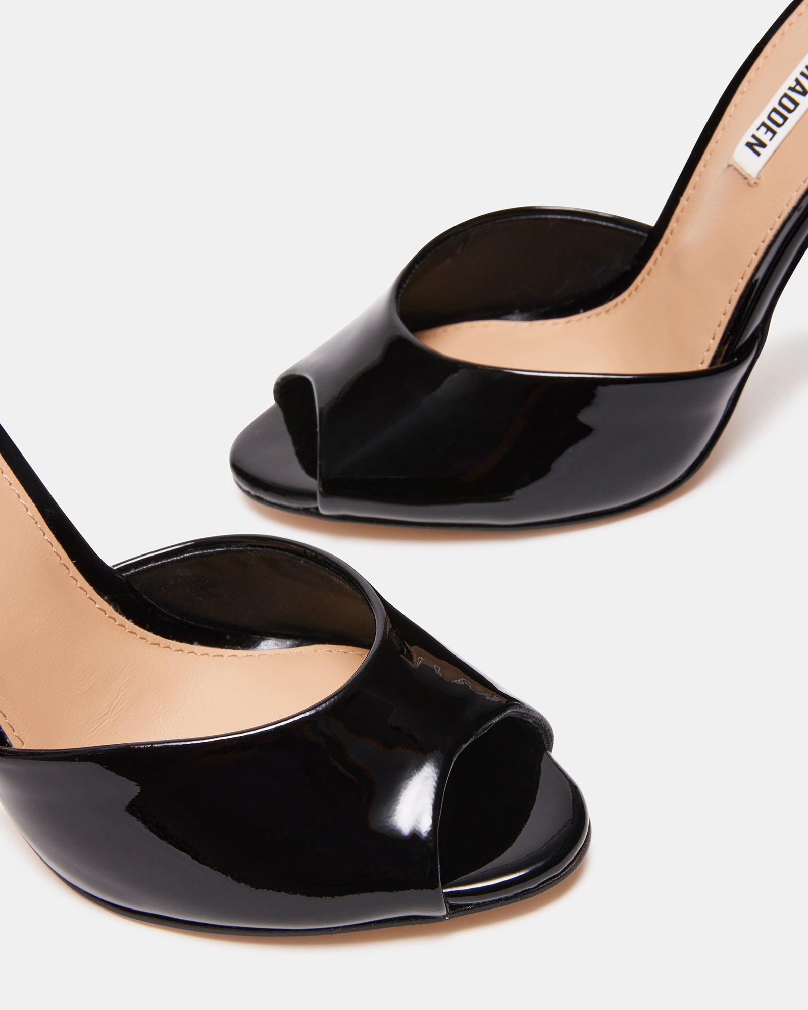 Close-up of Priya black patent leather stiletto sandals highlighting the peep toe design.