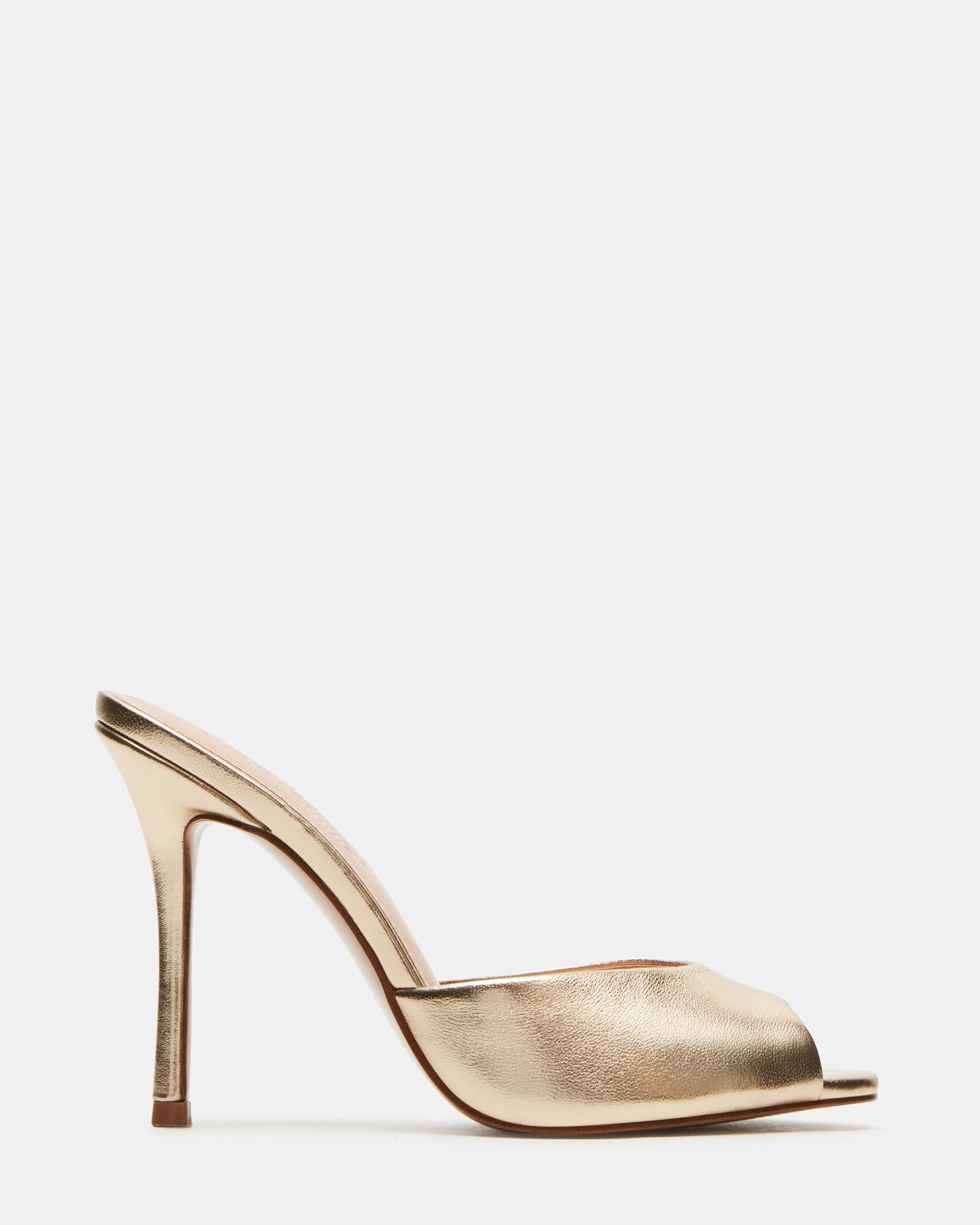 Side view of Priya Gold stiletto sandals with peep toe design