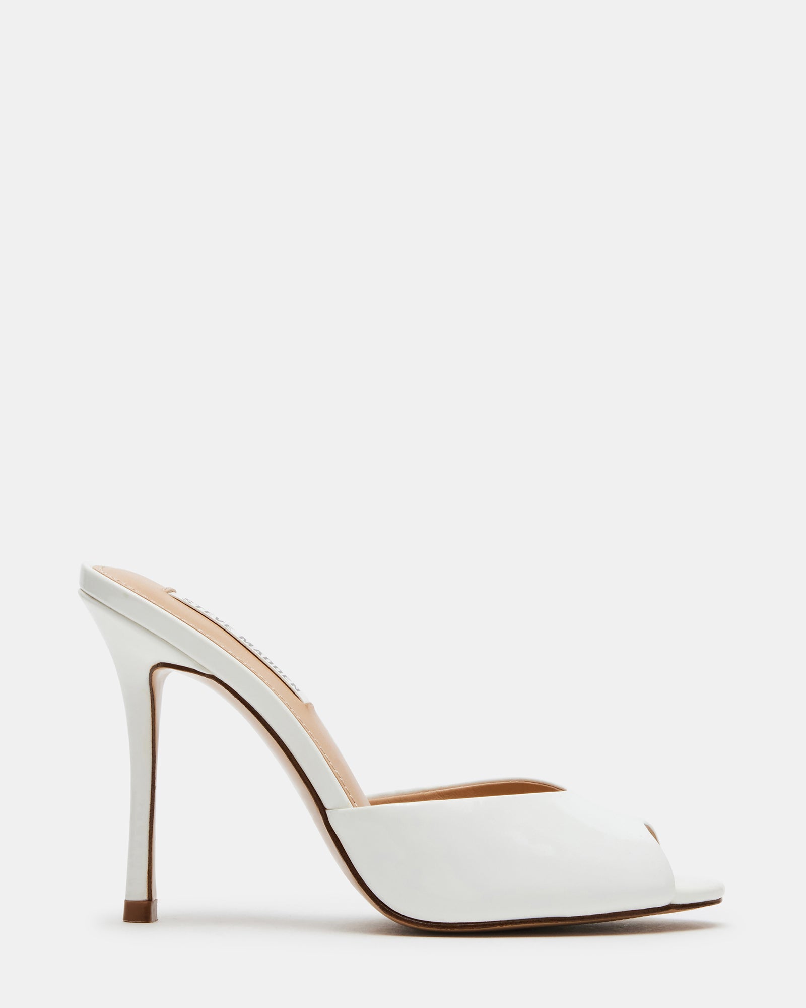 Side view of sandals slides shoes womens with peep toe and glossy stiletto heel