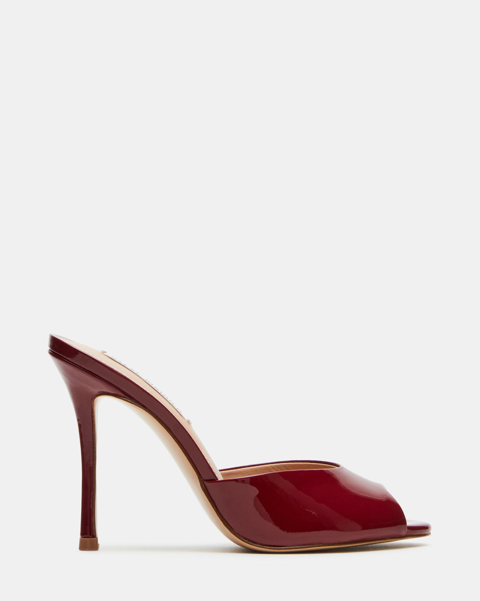 Side view of Priya Wine Patent peep toe stiletto sandals highlighting the retro design