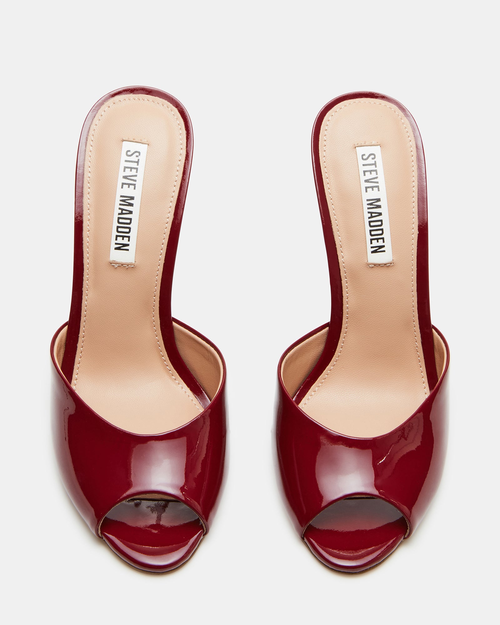 Top view of Priya Wine Patent heels showing the peep toe opening and elegant silhouette