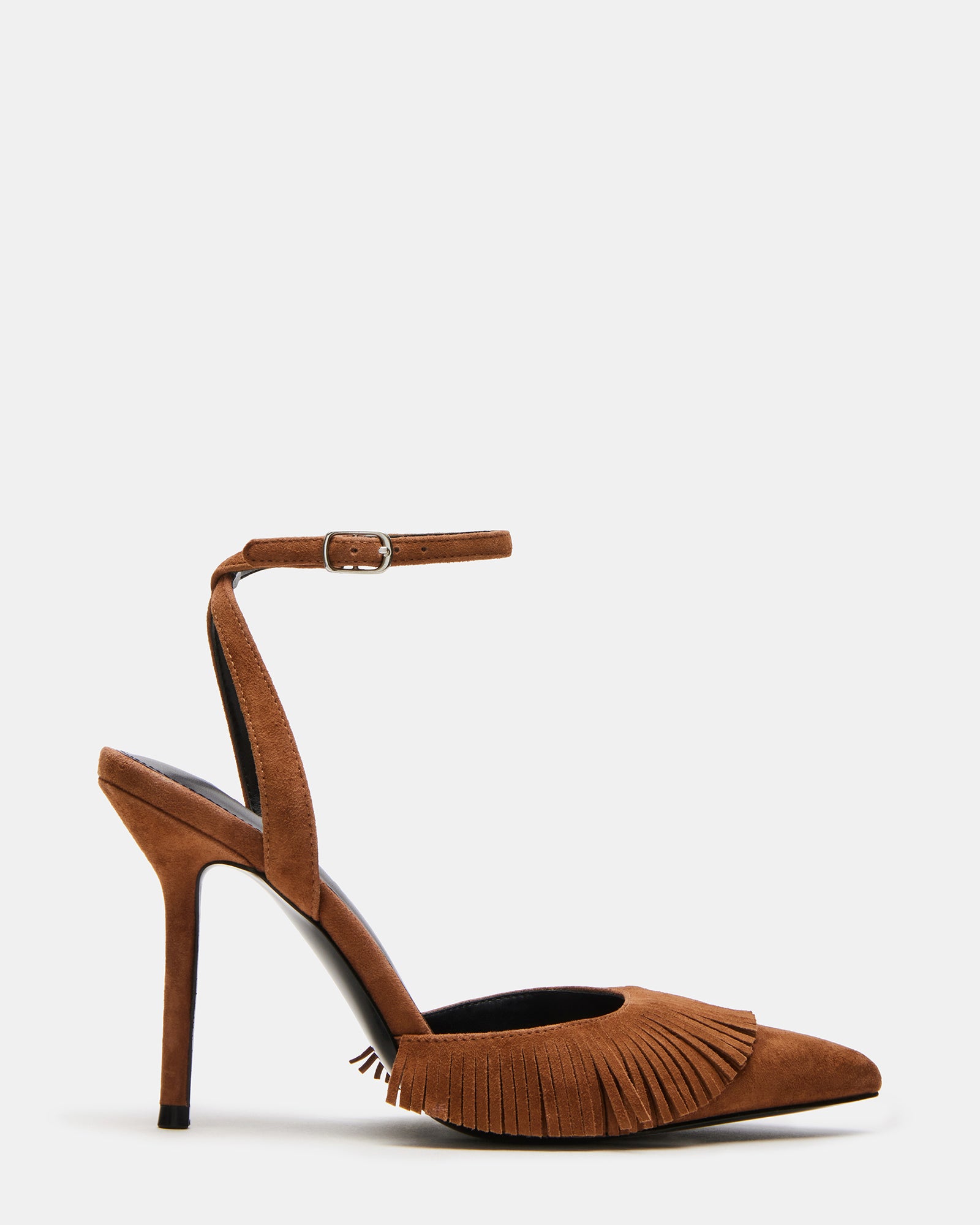 Side angle of the black suede heels highlighting crisscross back and pointed toe