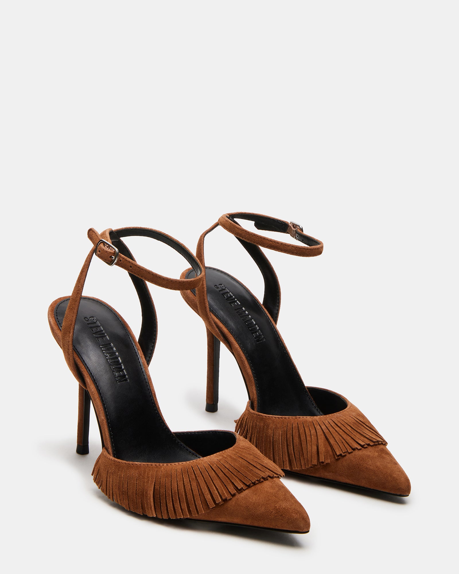 Top-down view of ankle strap heels showcasing fringe pump detailing