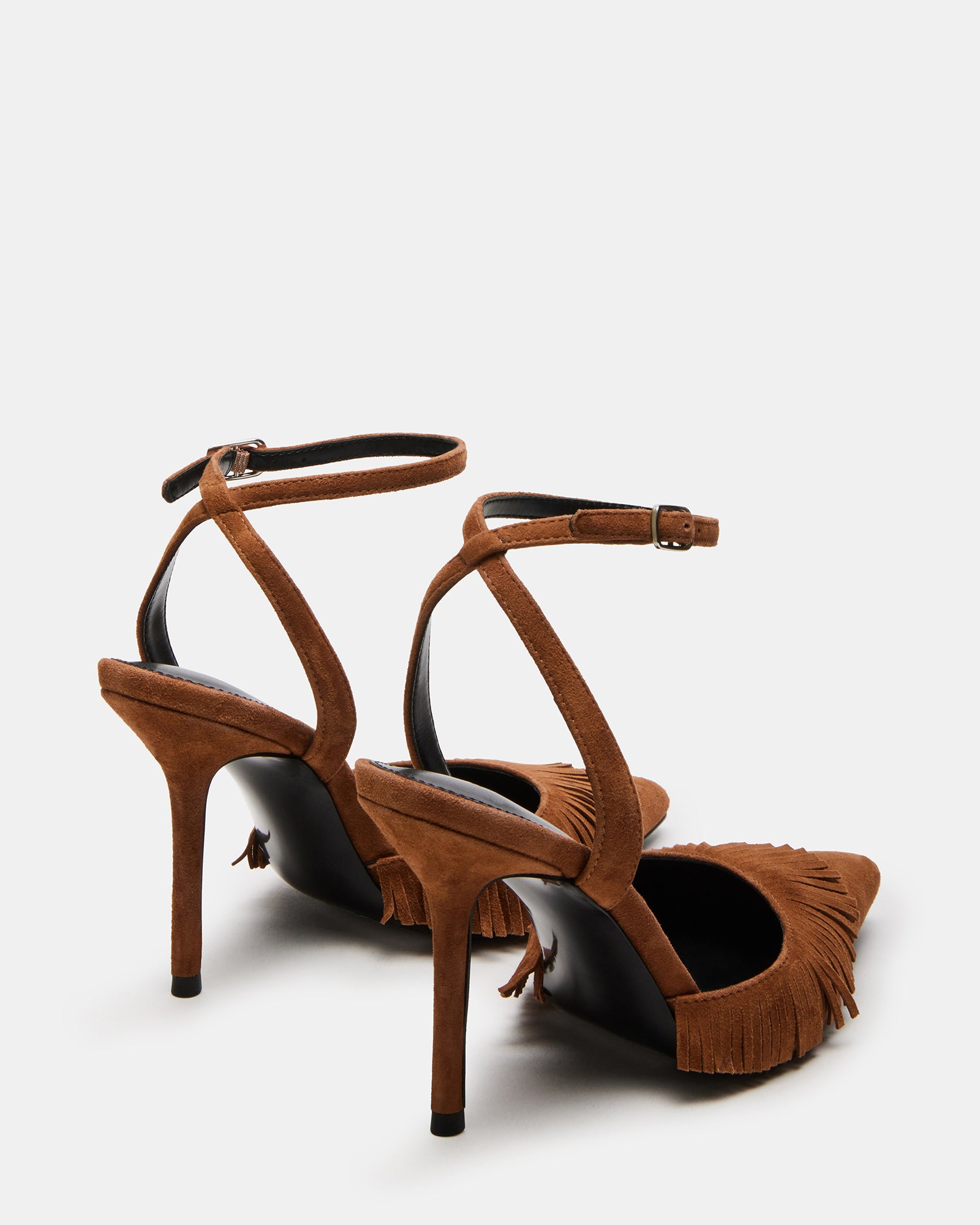 Top-down view of ankle strap heels showcasing fringe pump detailing