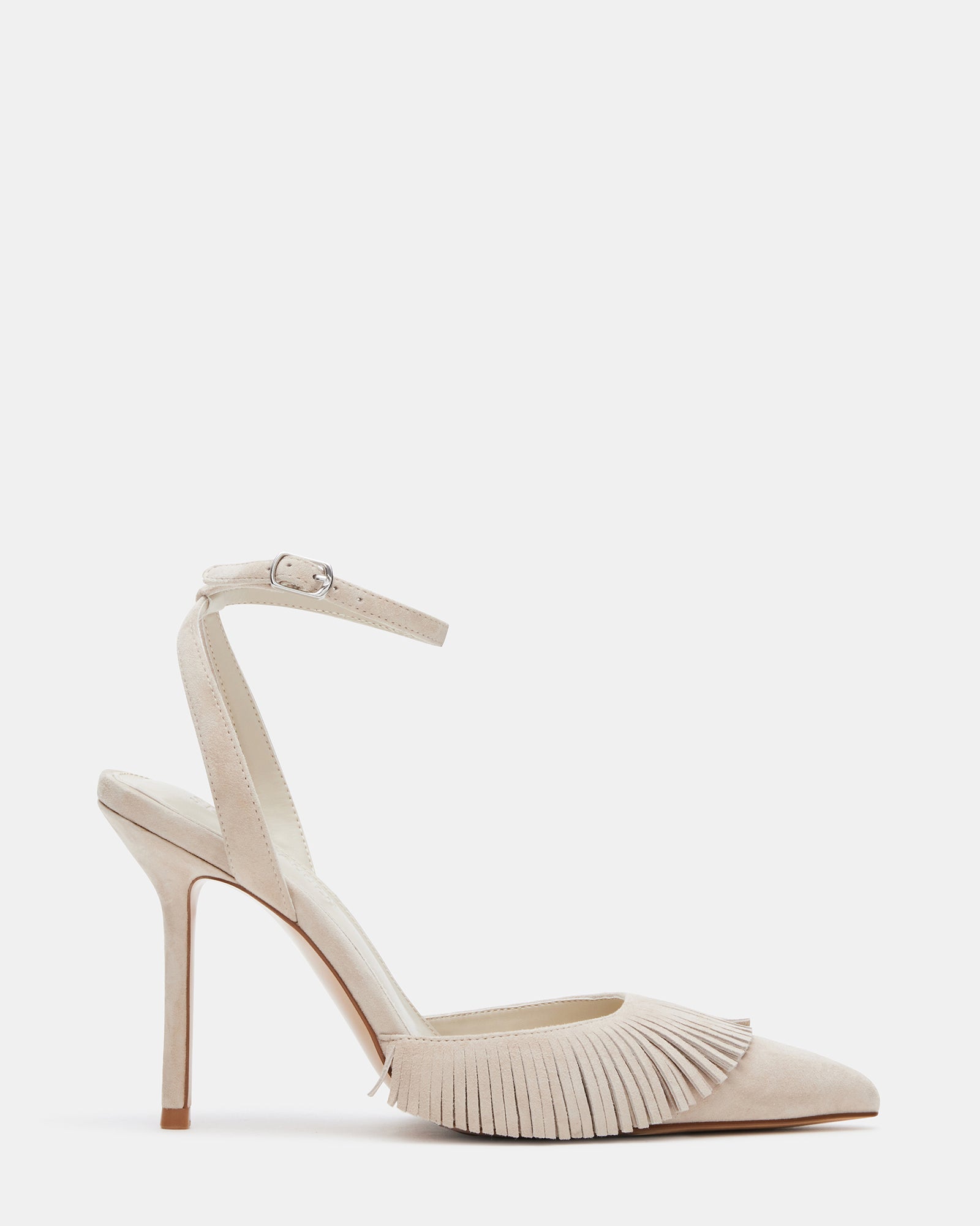Side view of Qualley Sand suede fashion pumps with fringe detailing