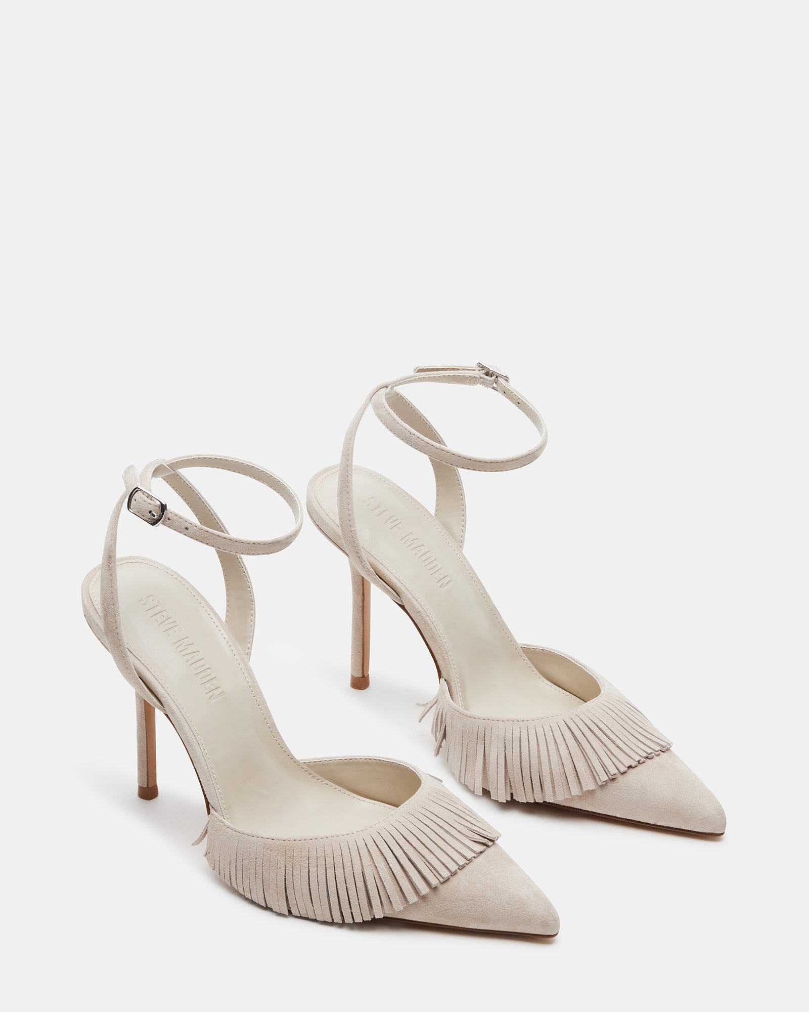 Front view of pointed toe Qualley Sand heels in suede with ankle strap