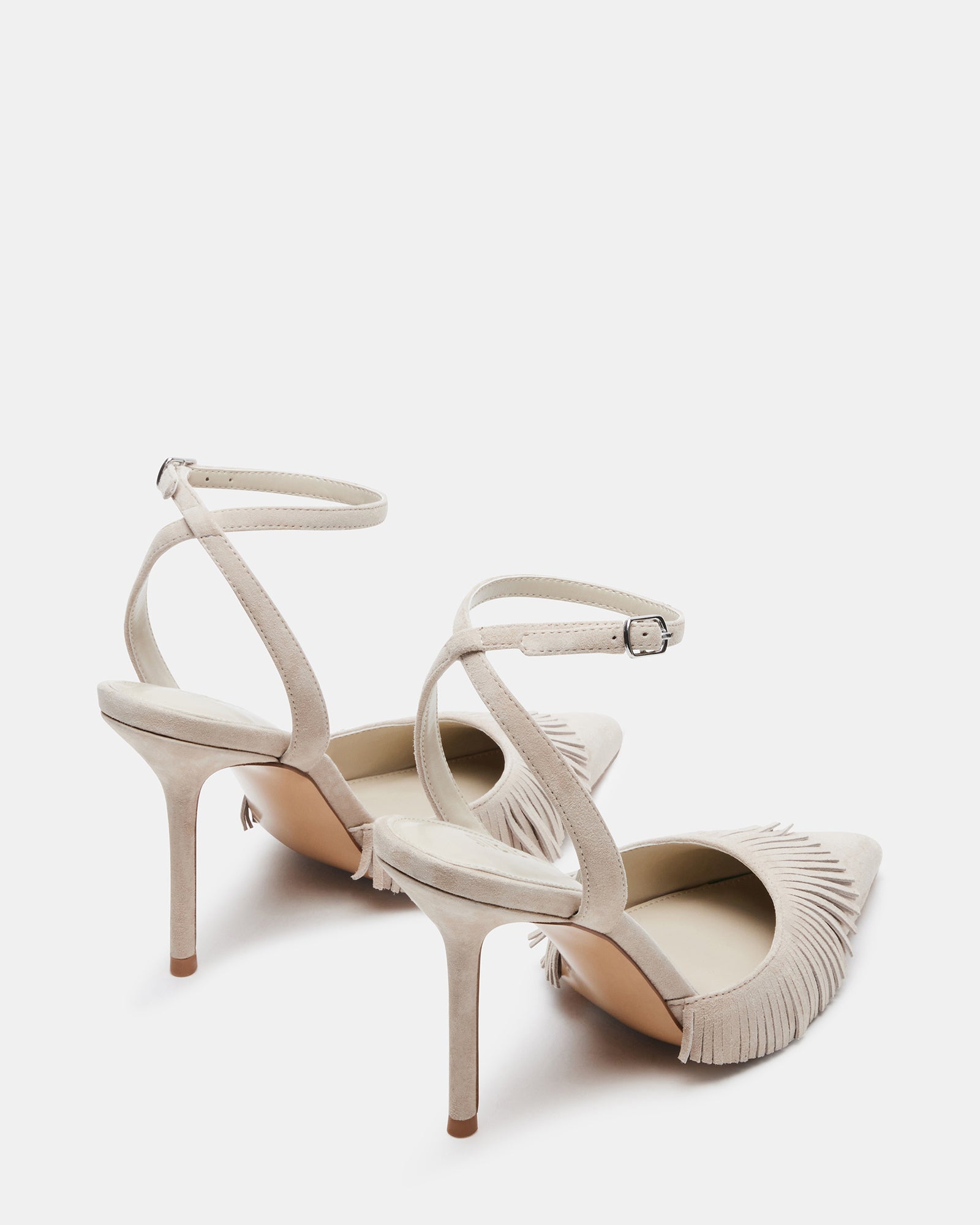 Front view of pointed toe Qualley Sand heels in suede with ankle strap