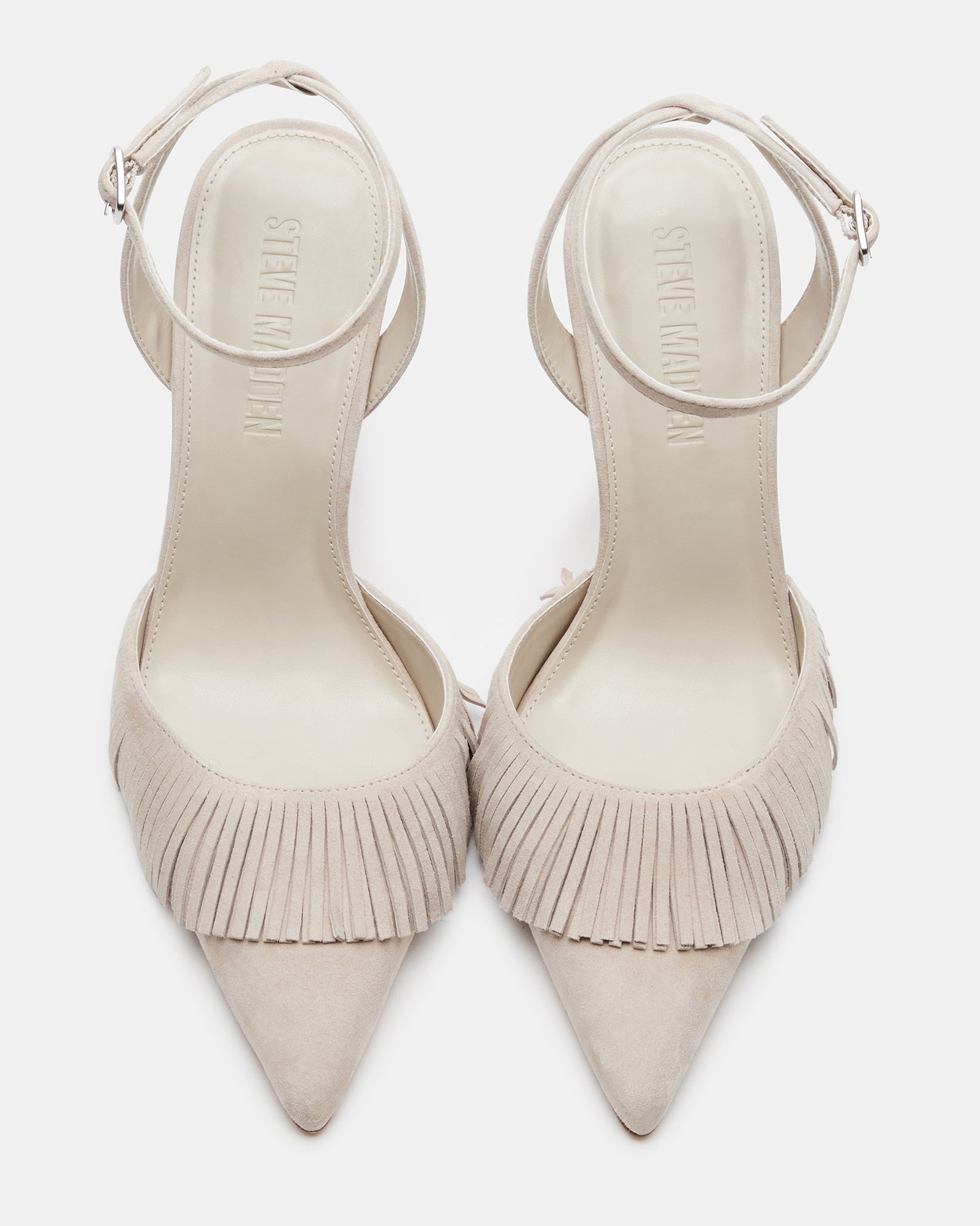 Side view of Qualley Sand suede fashion pumps with fringe detailing