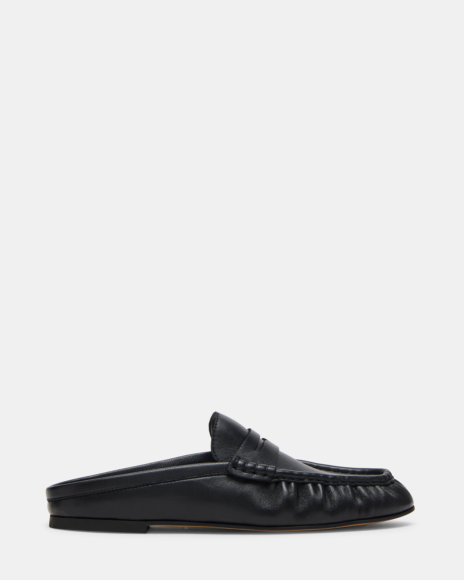 Front view of black leather ballet flats with rounded toe and minimalistic style