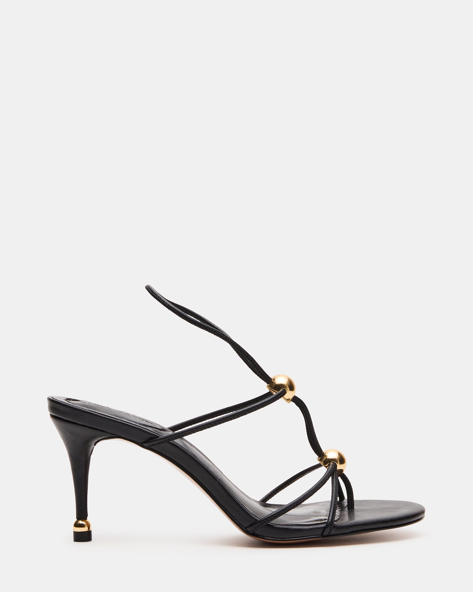 Elegant black strappy heels showcasing gold accents, ideal for events.