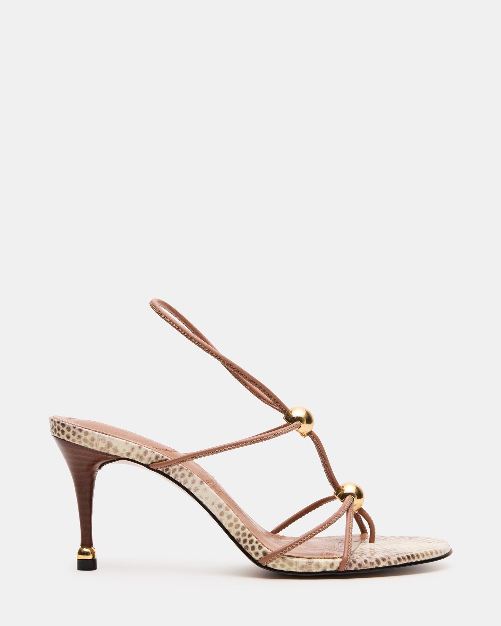 Side view of RAMOS Natural Snake stiletto heels with gold hardware accents