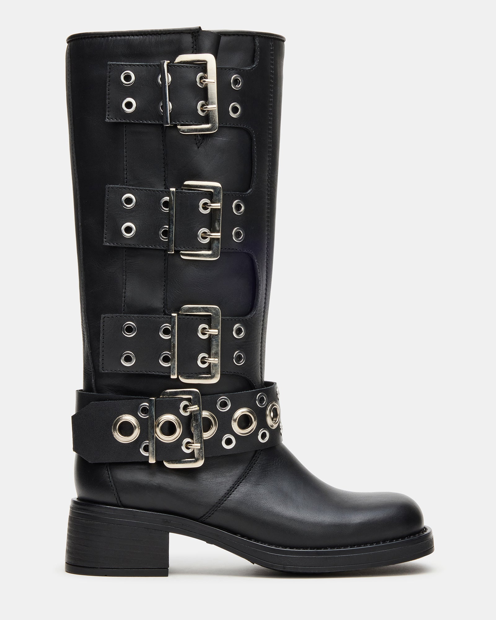 Close-up of the RAMPAGE black leather moto boots showcasing the square toe and buckle detail.