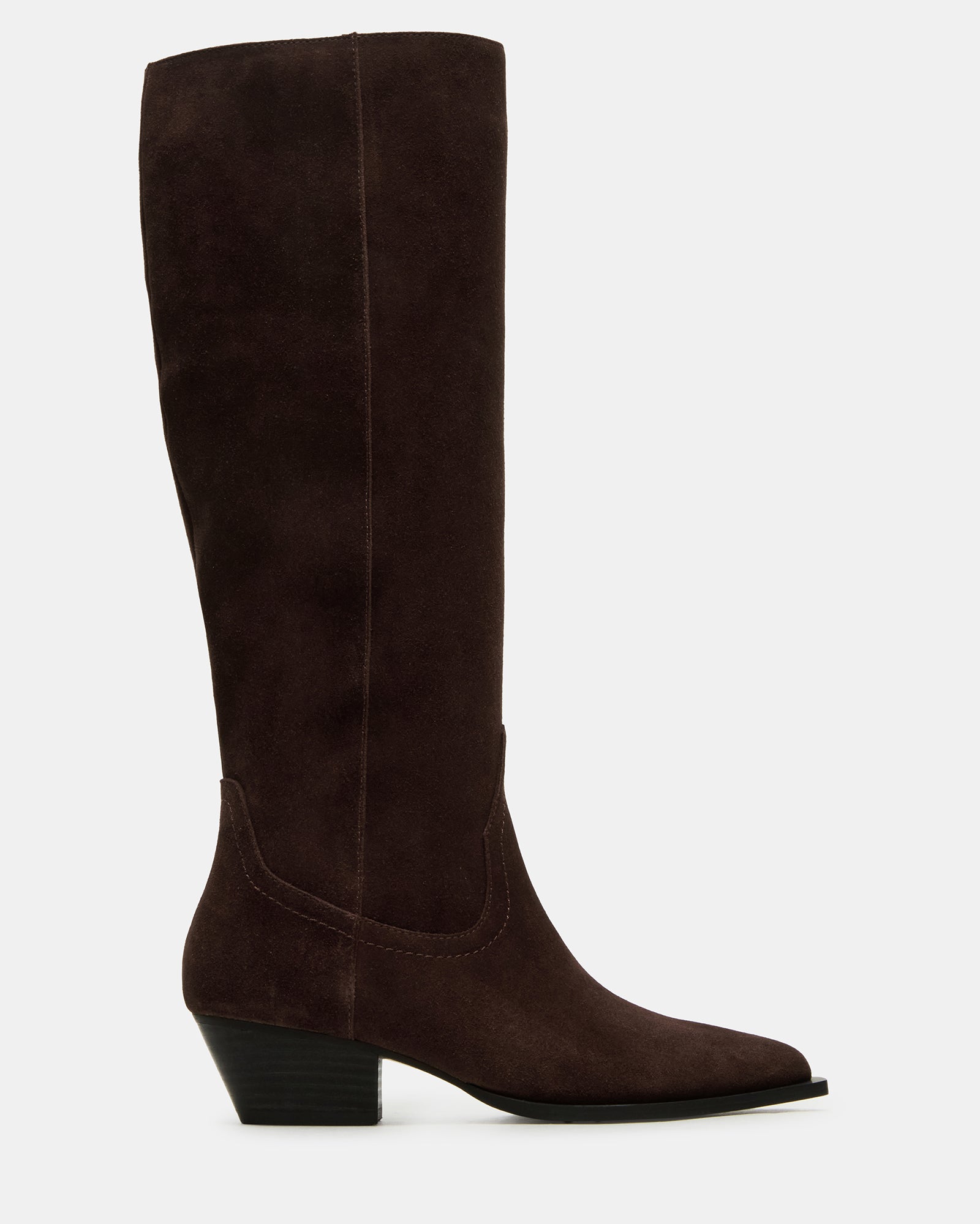 Side profile of brown suede boots with western-inspired under-the-knee design
