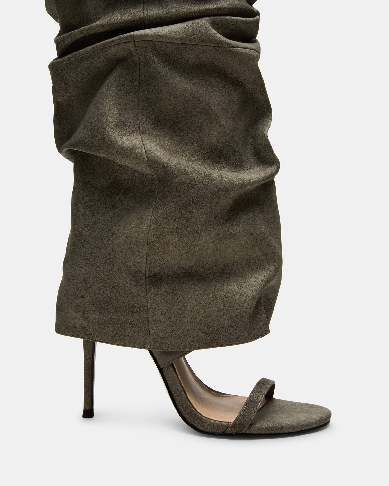 Close-up of the synthetic sole and heel of the grey knee-high boots