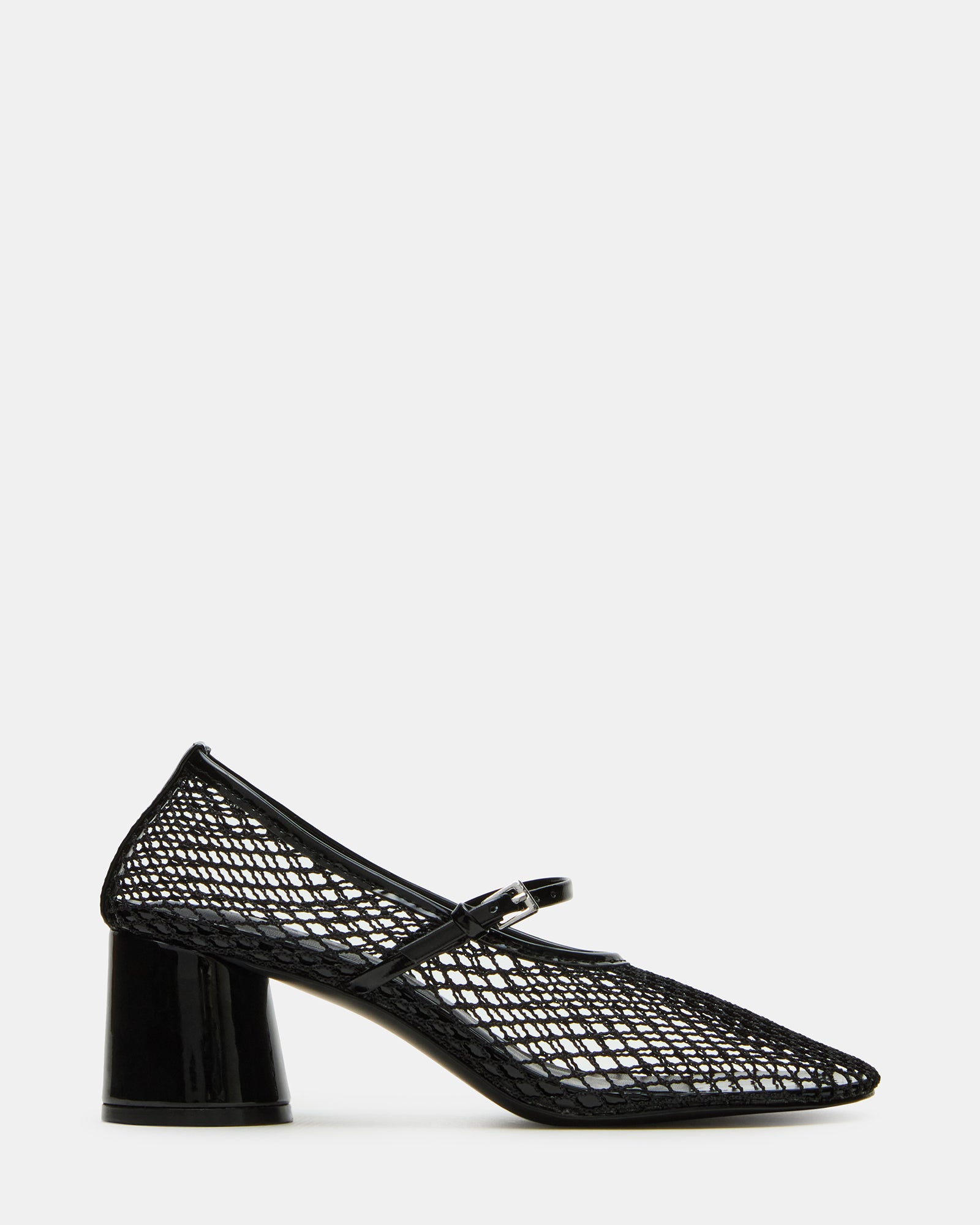 Side view of black Mary Jane shoes heels with breathable mesh design