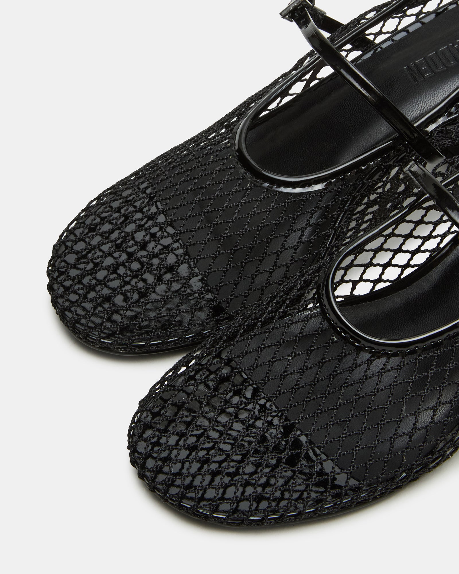 Side view of black Mary Jane shoes heels with breathable mesh design