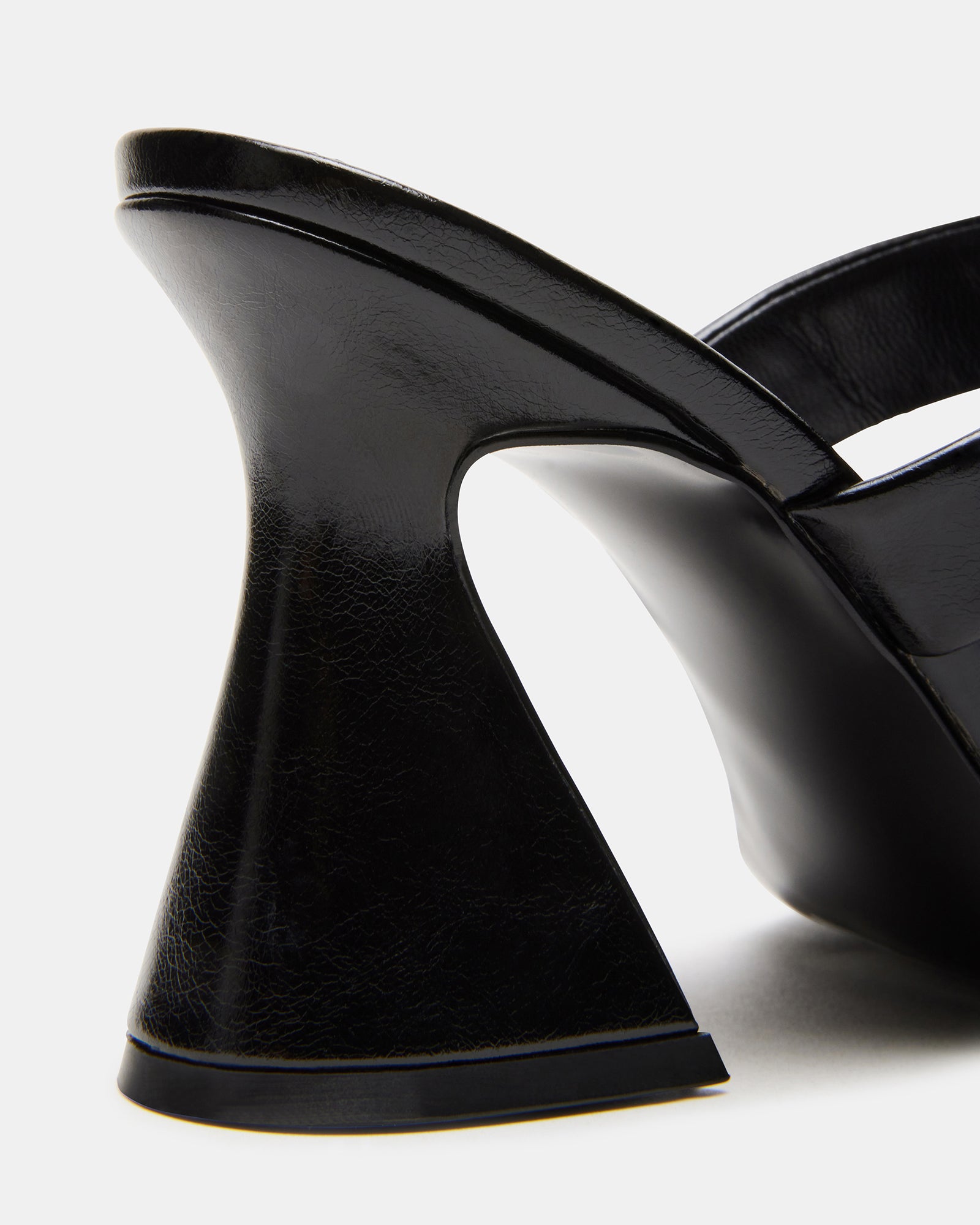 Close-up of the synthetic upper and heel design of mule heels