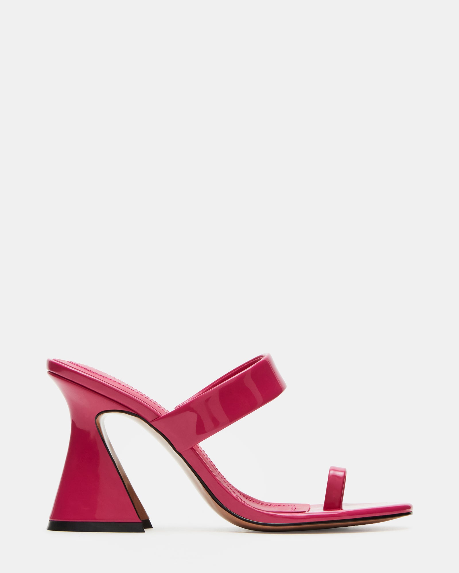 Side profile of fuchsia shoes with 3.75 inch mule heel against a minimalist backdrop