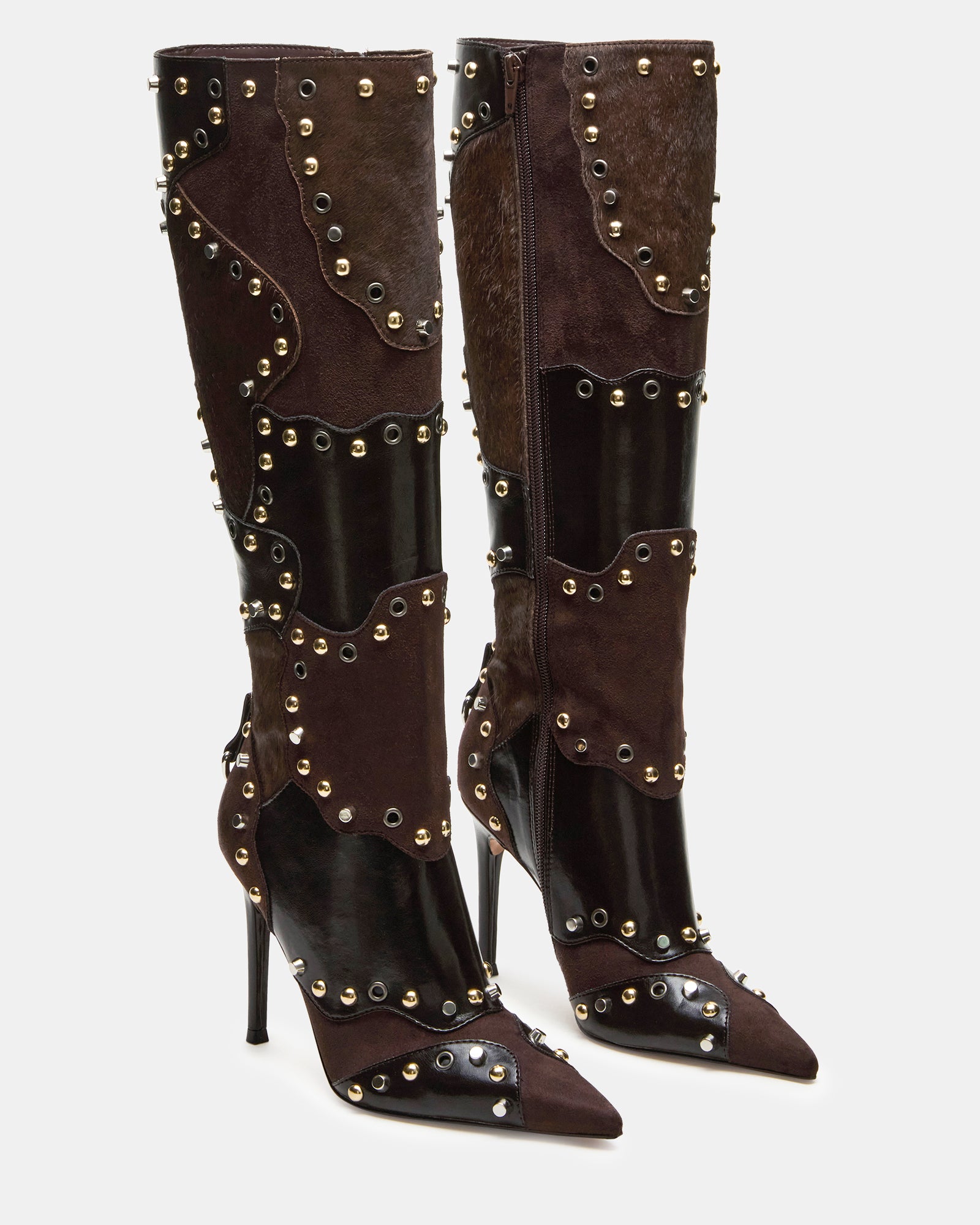 Close-up of the studs on REVIVE brown multi stiletto boots
