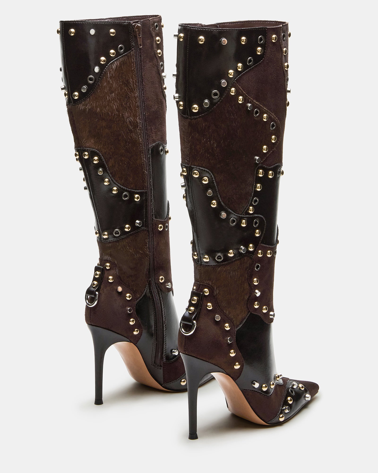 Close-up of the studs on REVIVE brown multi stiletto boots