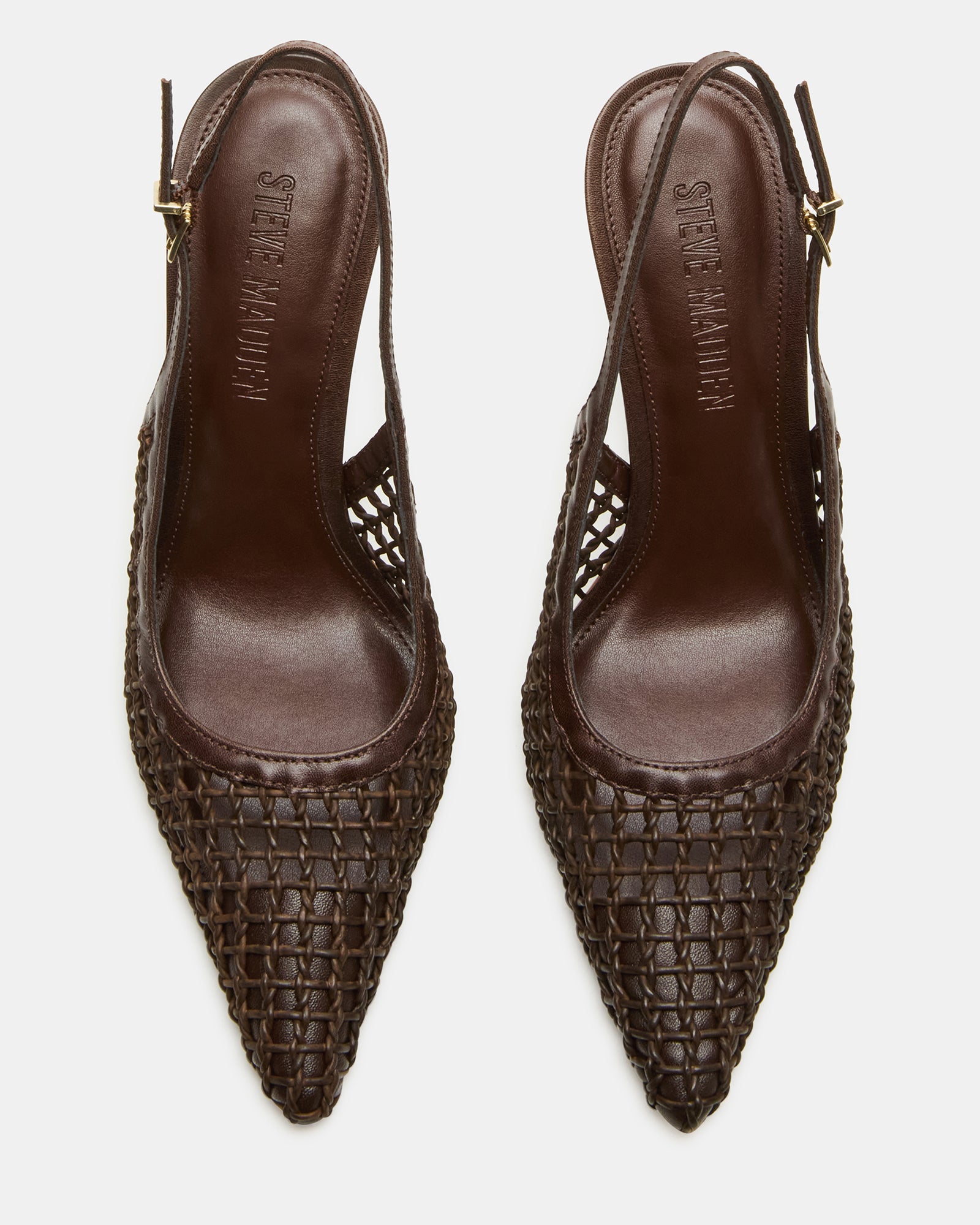 Close-up of Reyes woven brown slingback shoes low heel, showing vegan leather texture