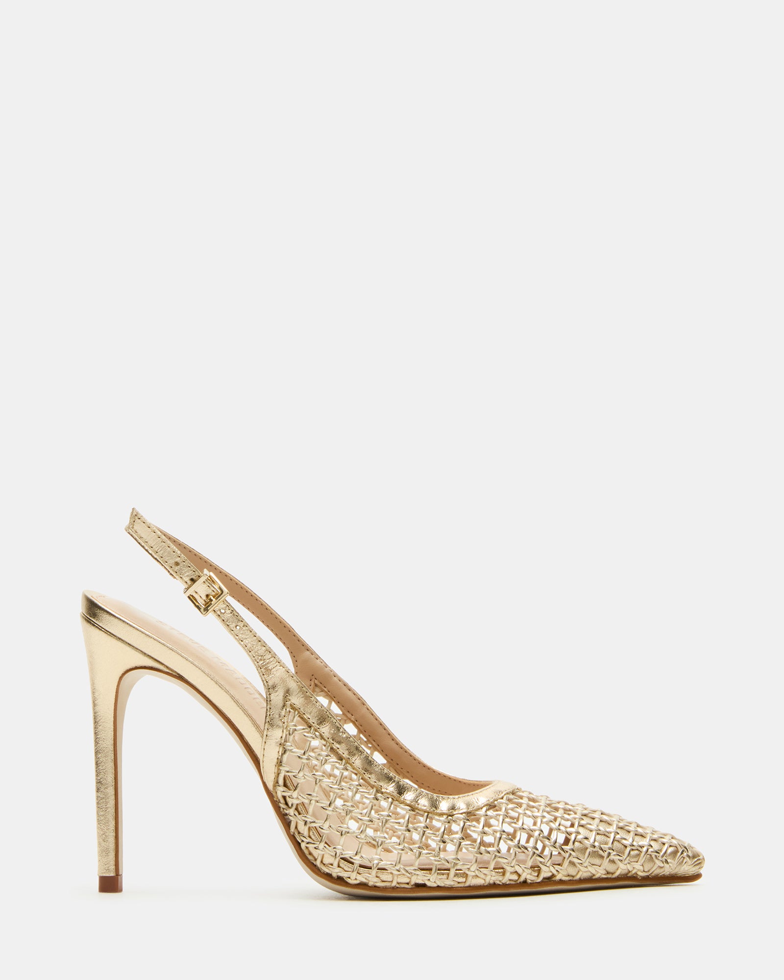 Close-up of REYES black stiletto heels showing pointed toe and gold woven detail