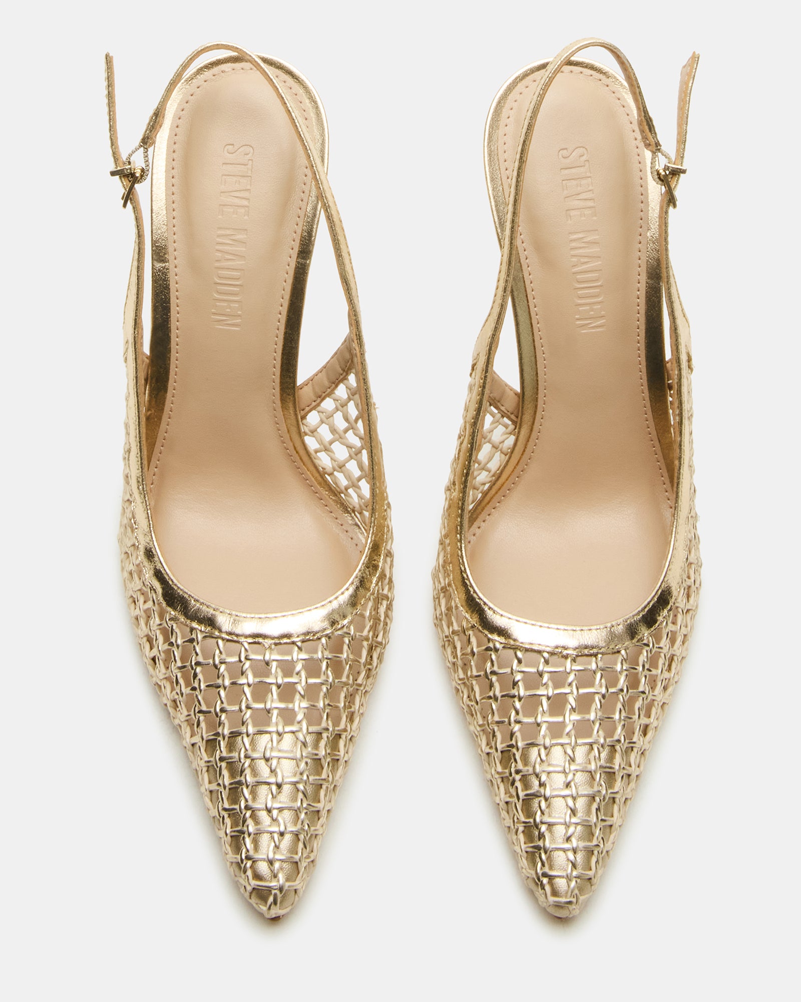 Close-up of REYES black stiletto heels showing pointed toe and gold woven detail
