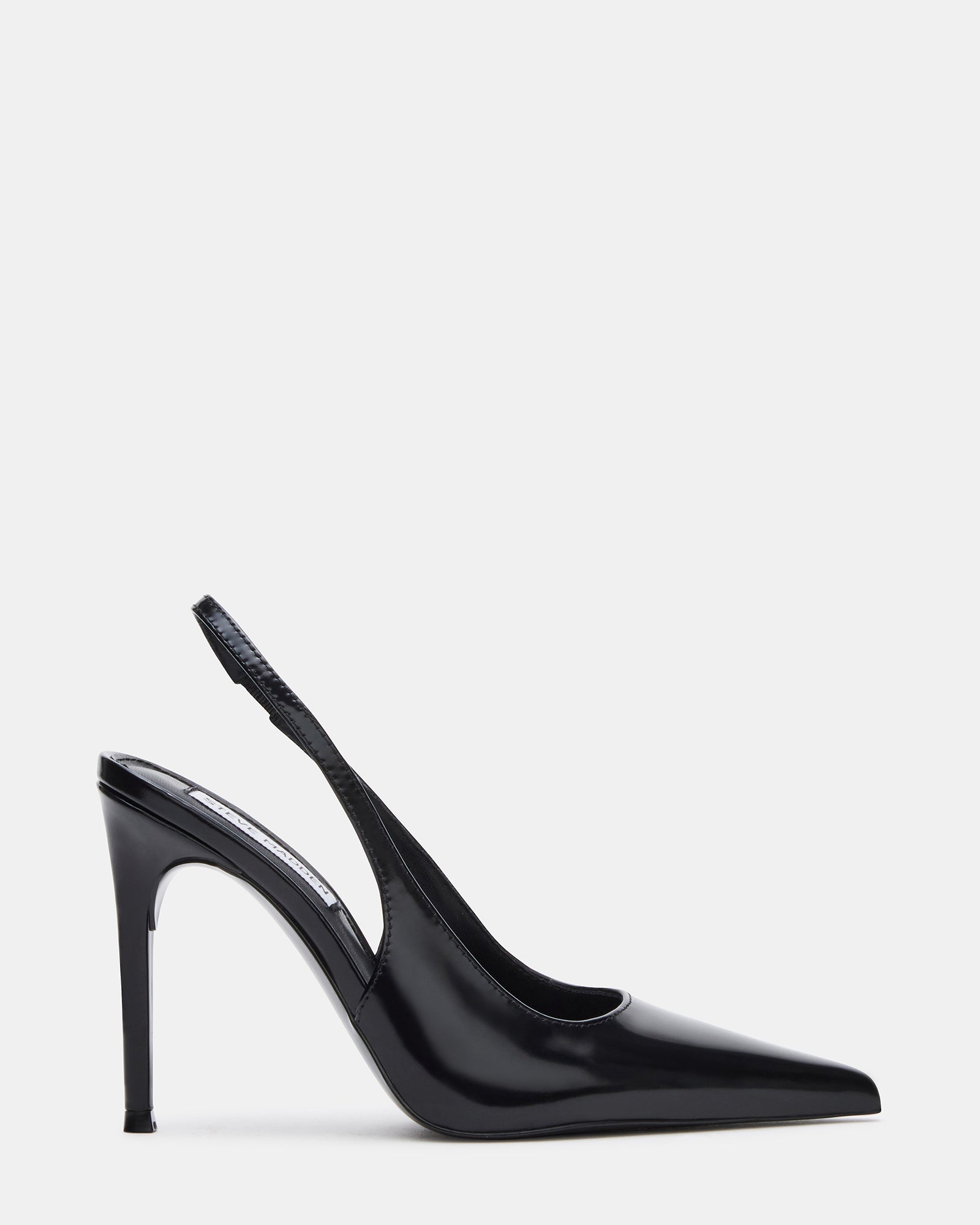 Side angle of black stiletto heels with pointed toe for formal wear