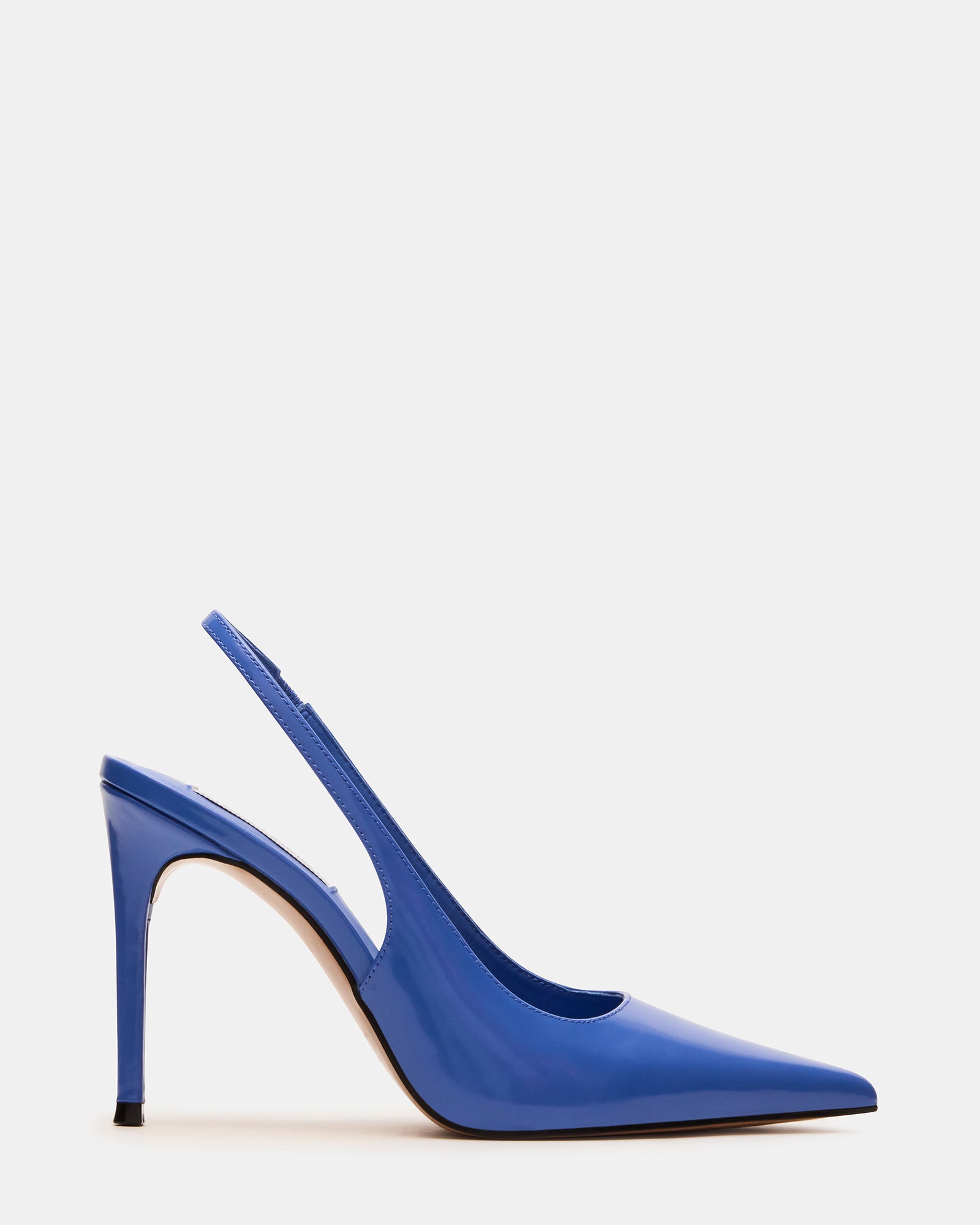 Close-up of Reyes dark blue patent leather pumps showing pointed toe and stiletto heel