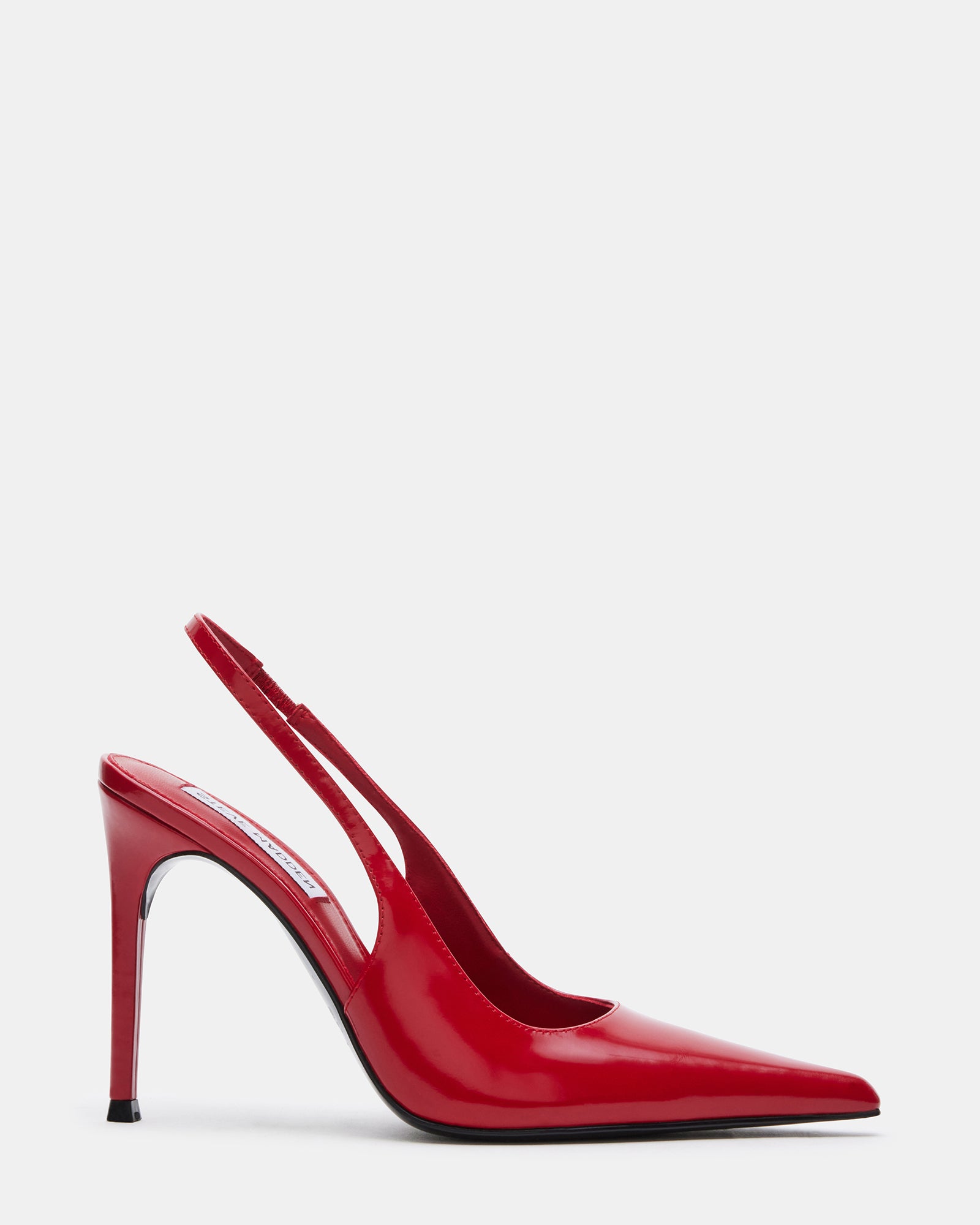 Side view of Reyes Red pointed-toe slingback pumps with stiletto heels