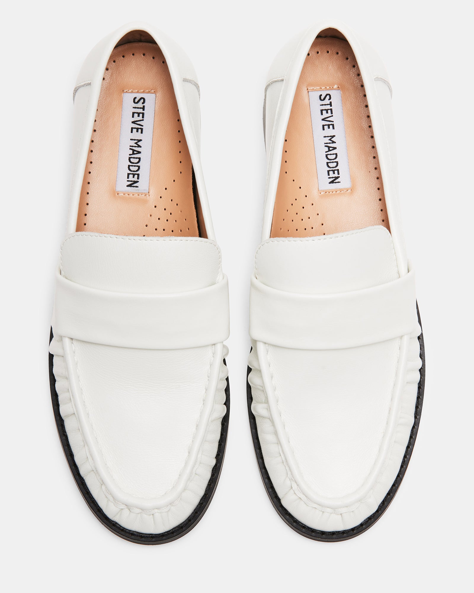 Close-up of the leather upper and synthetic sole of mens penny loafers