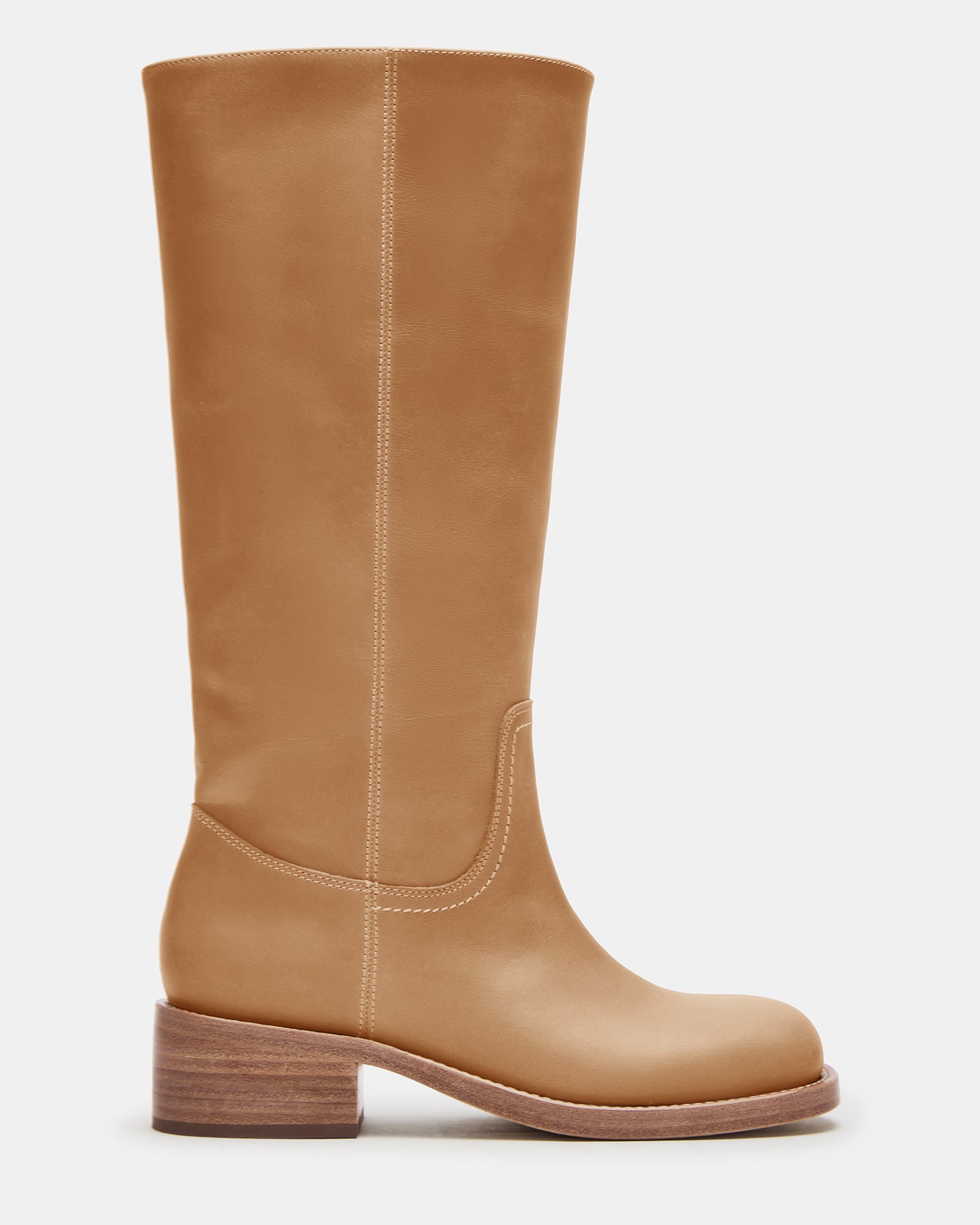 Side view of RIGGS banana leather wide calf fashion boots with sleek design and square toe